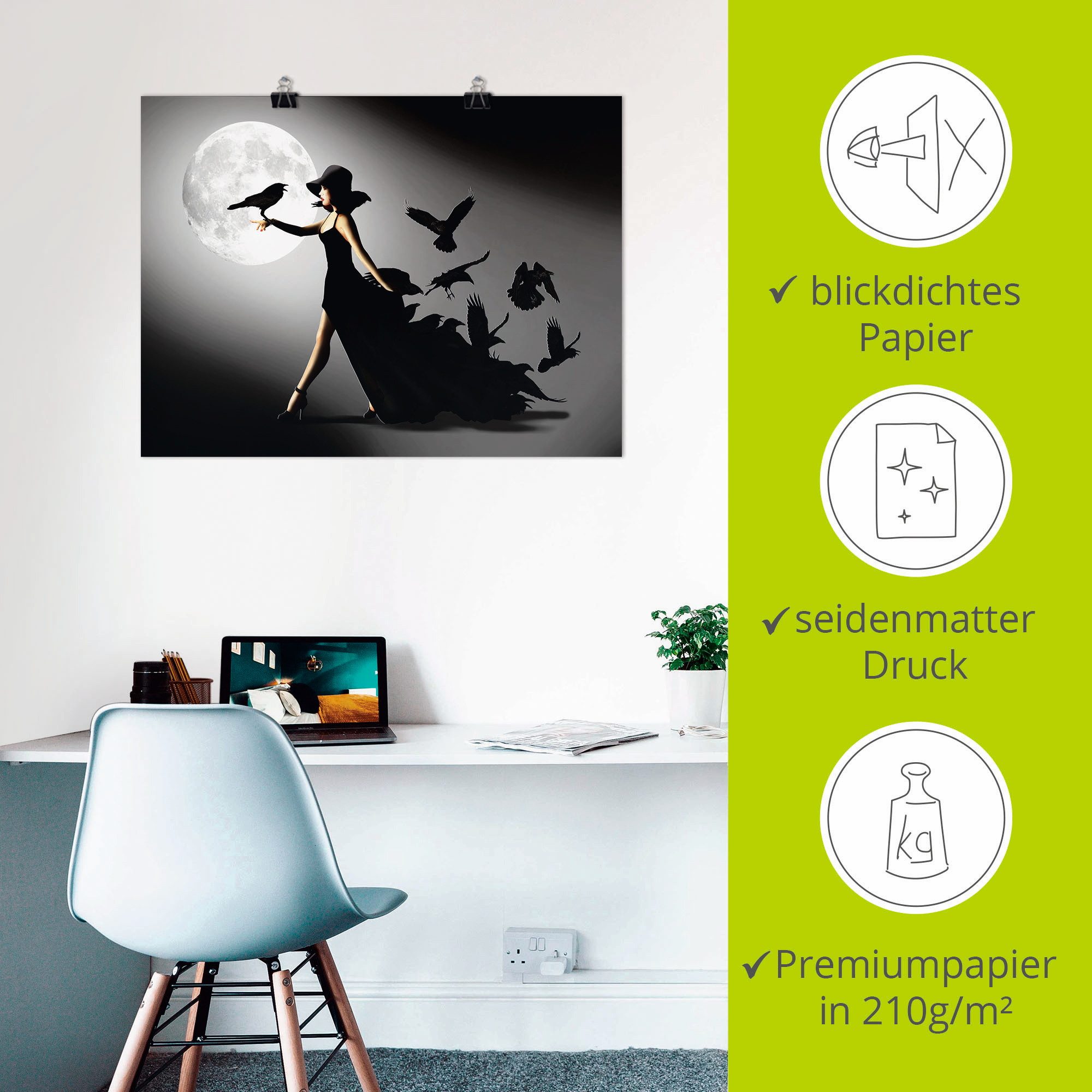 Artland Artprint De vrouw met de raaf als artprint van aluminium, artprint voor buiten, artprint op linnen, poster, muursticker