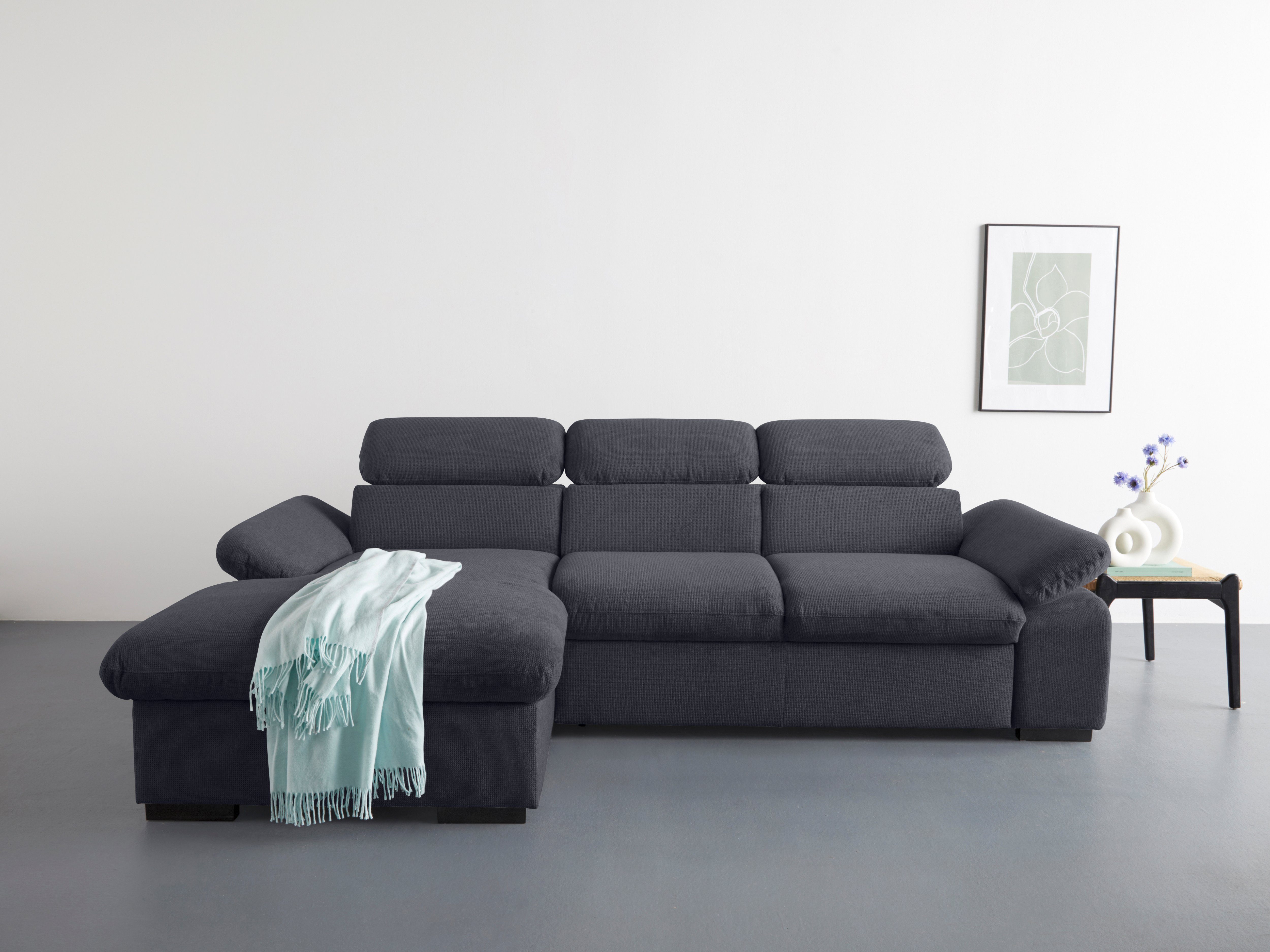 COTTA Hoekbank Lola L-vorm met hoofdeinde-functie & poef keuze met bedfunctie, bedlade & armleuningverstelling (set) zwart, hoekbanken, 250 cm