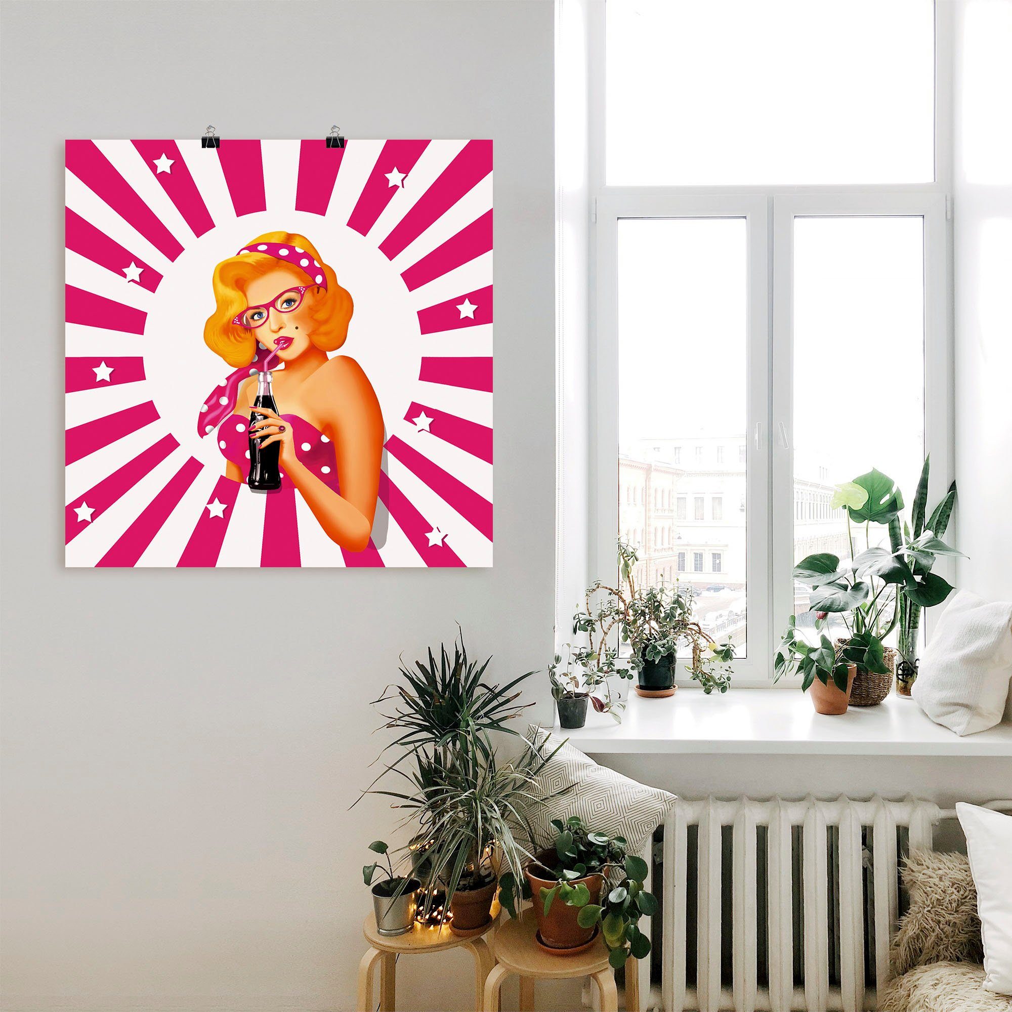 Artland Artprint Rockabilly pin-upgirl op strepen als artprint van aluminium, artprint op linnen, muursticker of poster in verschillende maten