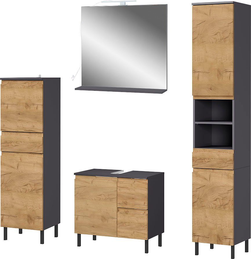GERMANIA Badkamerserie Scantic van halfhoge kast, spiegel, wastafelonderkast, hoge kast (set, 4-delig) badmeubelsets bruin