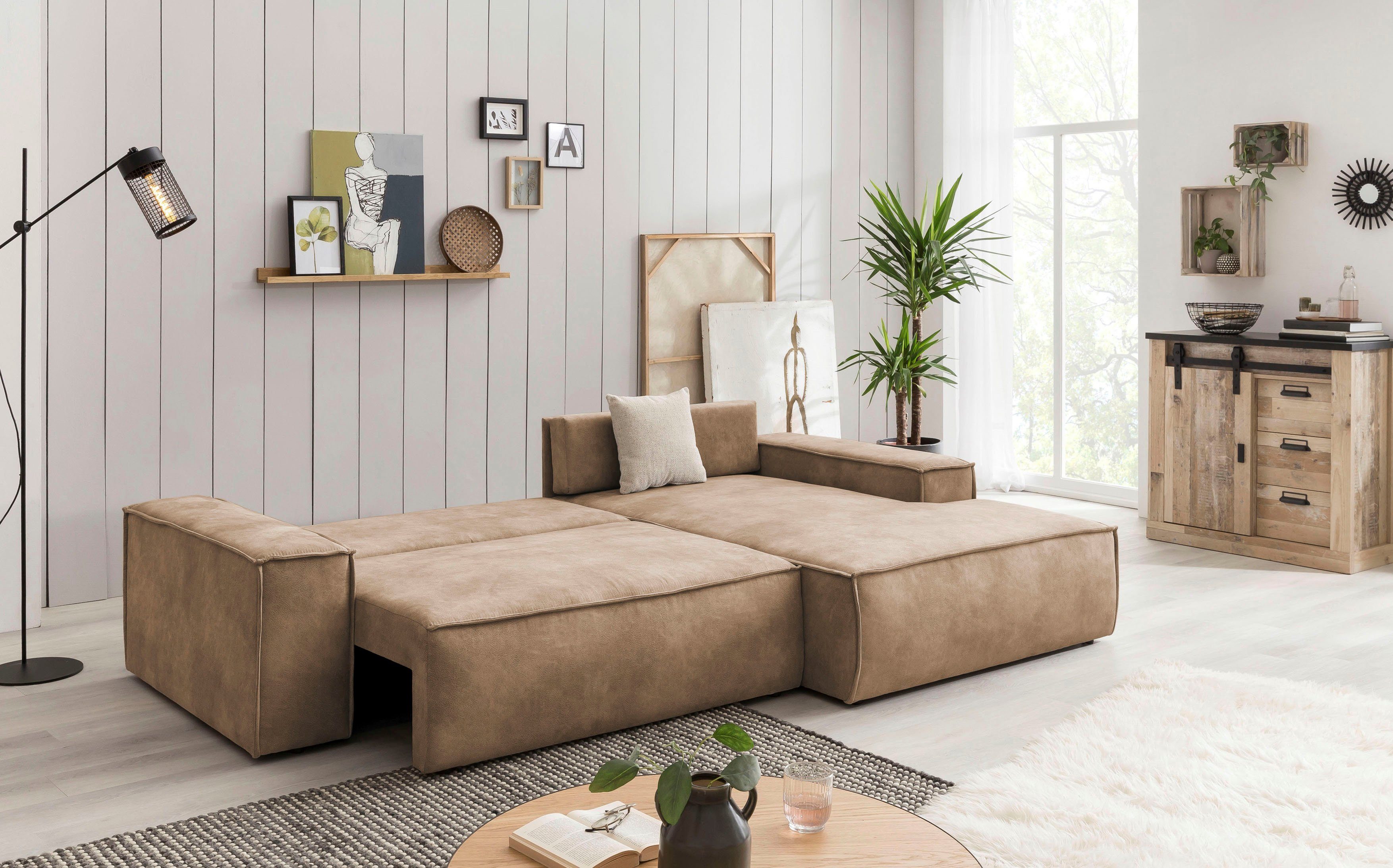 Home affaire Hoekbank SHERWOOD bedbank 267 cm, L-model, Slaapfunctie met bedlade (210x136 cm), cord, vintage, fluweel
