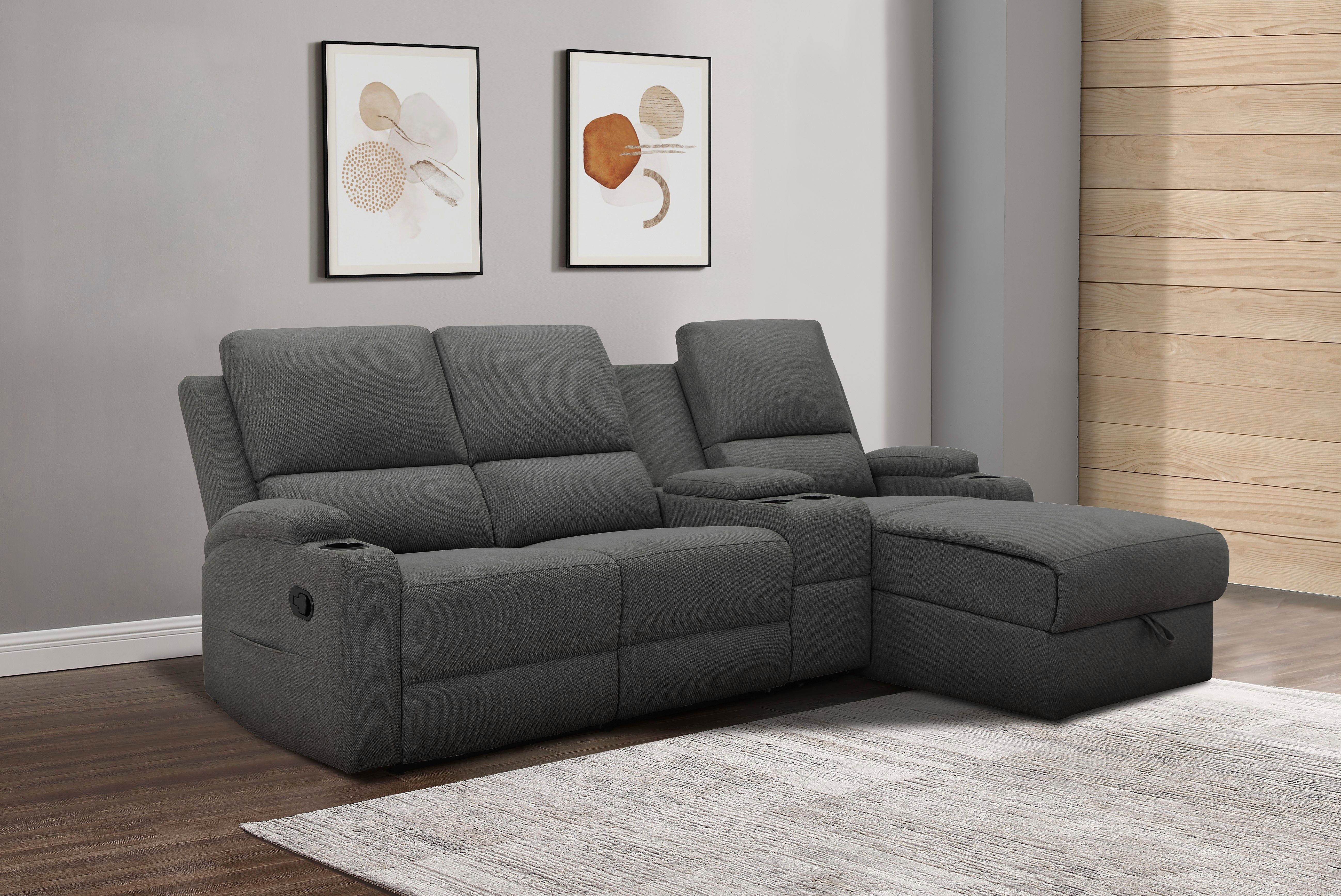 Home affaire Hoekbank Napori multimediabank, 3 bioscoopstoelen XXL, L-model, Bioscoopbank met relaxfunctie, bekerhouder, opbergvak en opbergbox