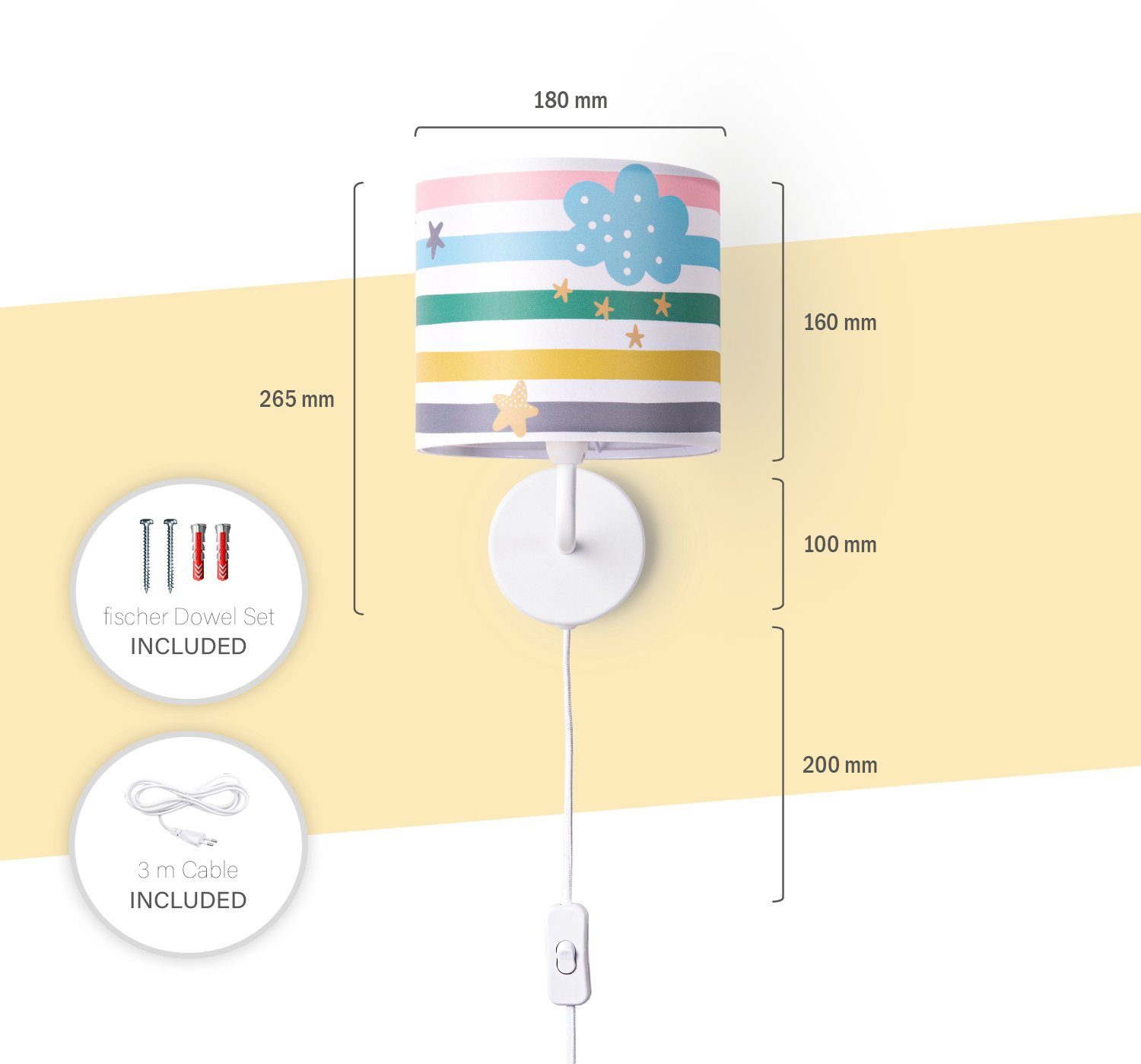 Paco Home Wandlamp Tweet 462 Lamp kinderkamer stekker âˆ…18cm strepen regenboog kleurig E14