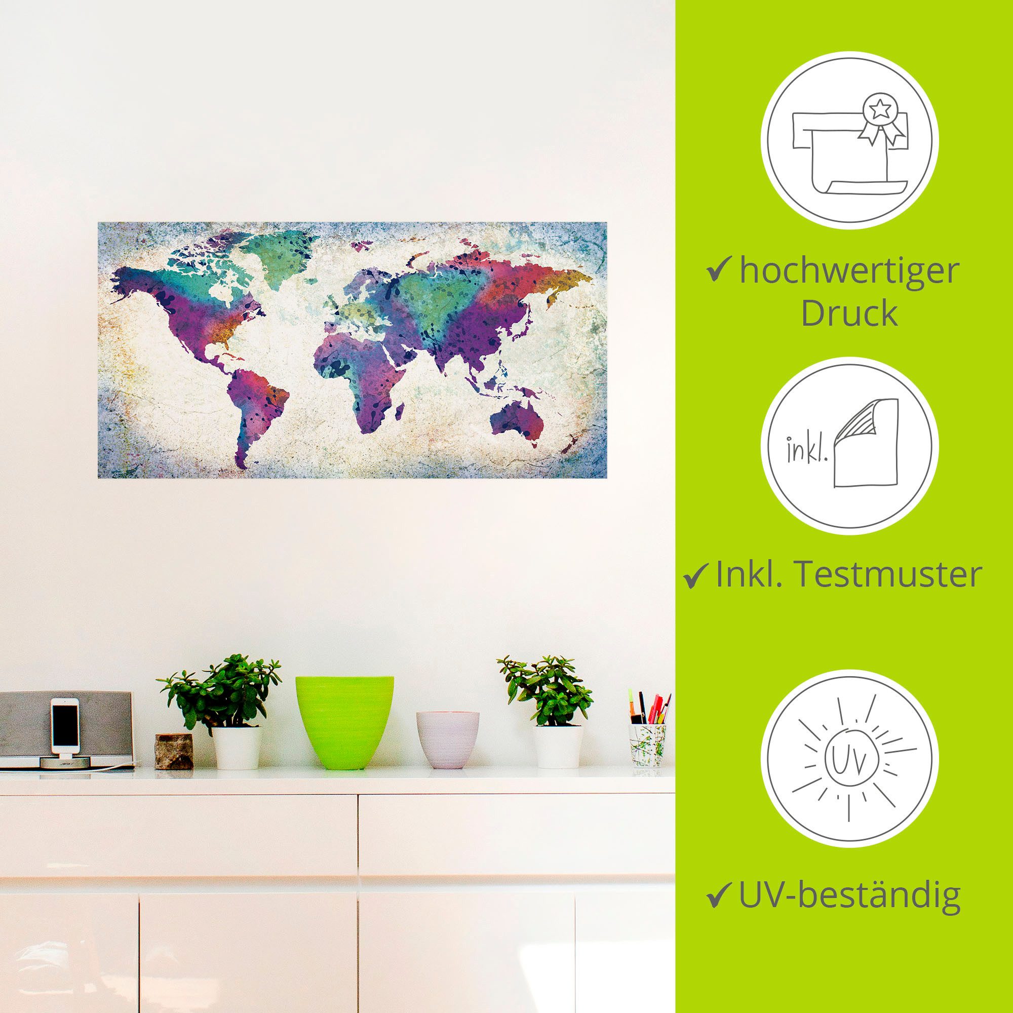 Artland Artprint Veelkleurige wereldkaart als artprint van aluminium, artprint voor buiten, artprint op linnen, poster, muursticker