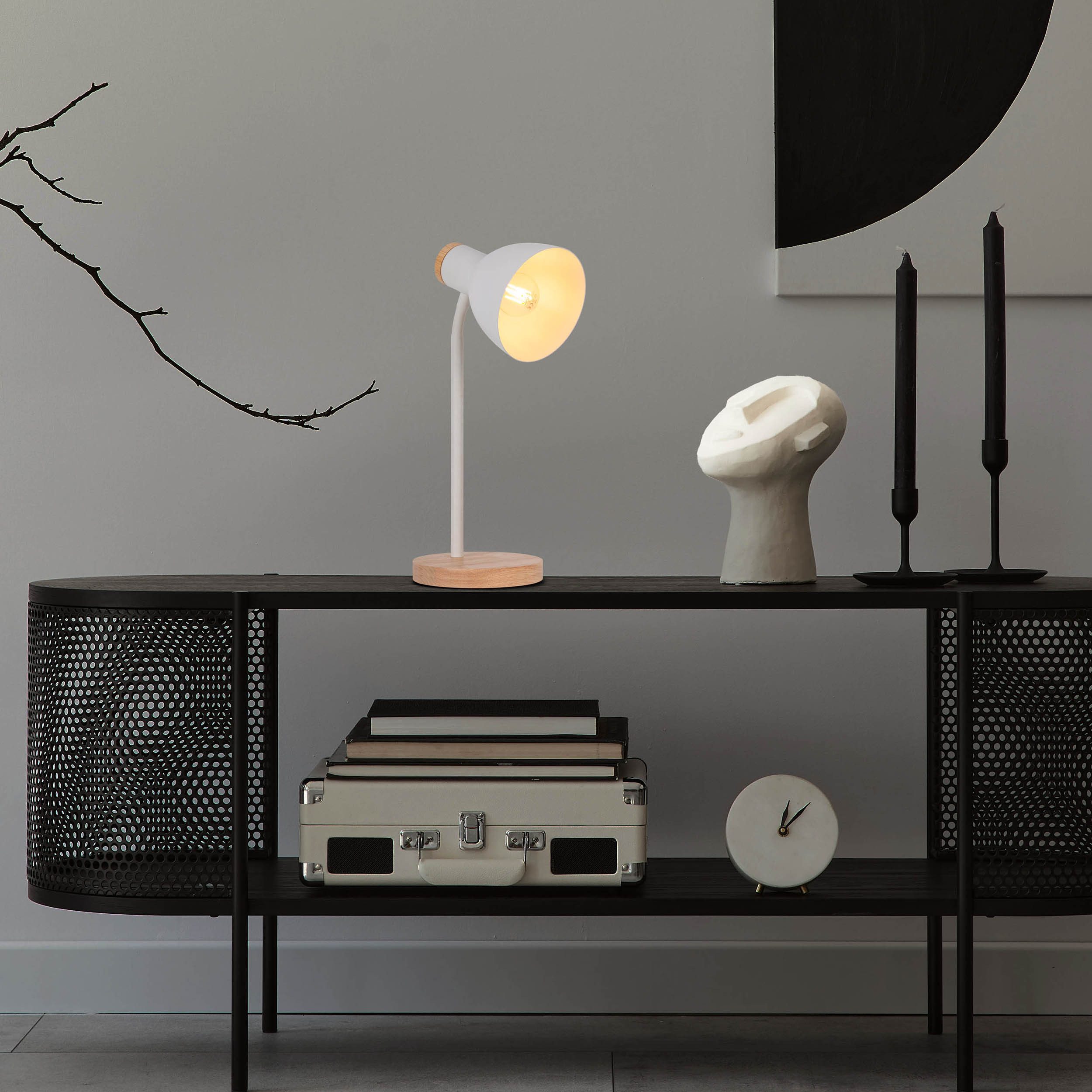 näve Bureaulamp Marie Voet en kap deels van hout, kap flexibel beweegbaar, E14 (1 stuk)