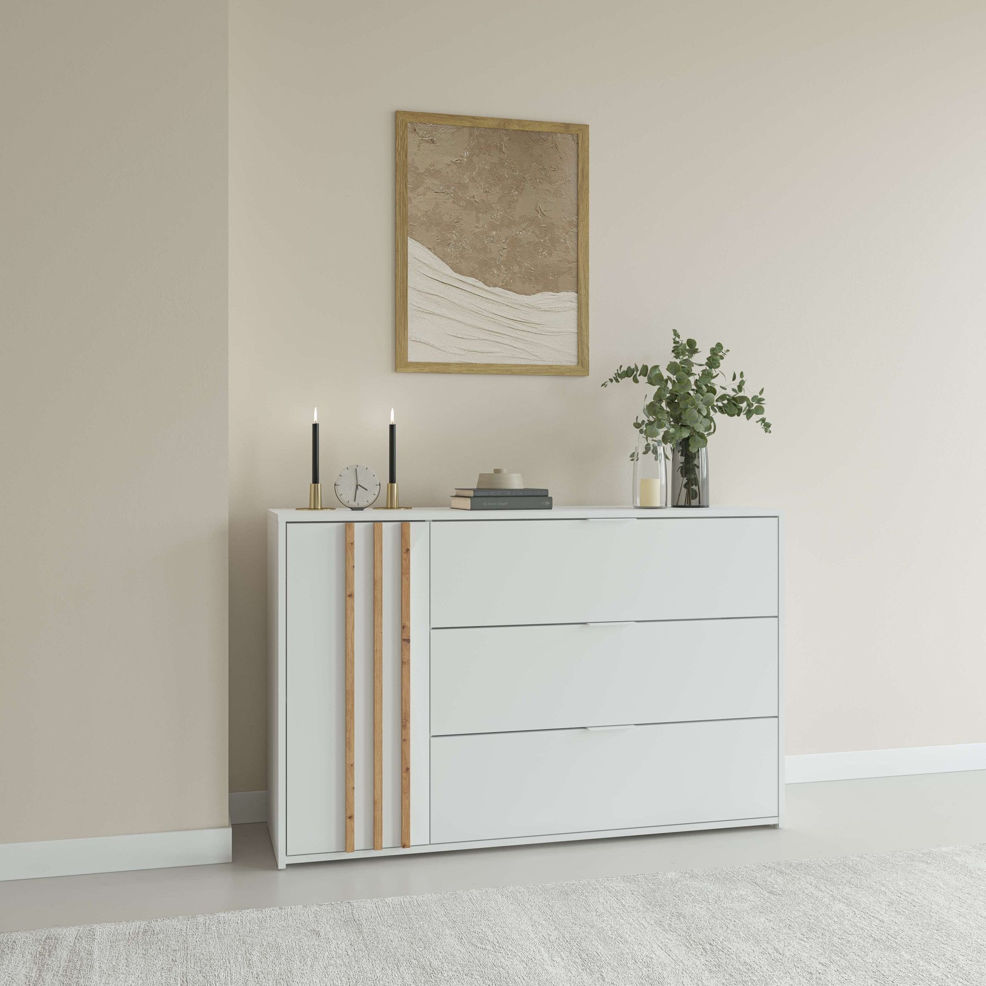 INOSIGN Kast Commode Calera met draaideur, 3 lades en MDF-lamellen dressoirs wit