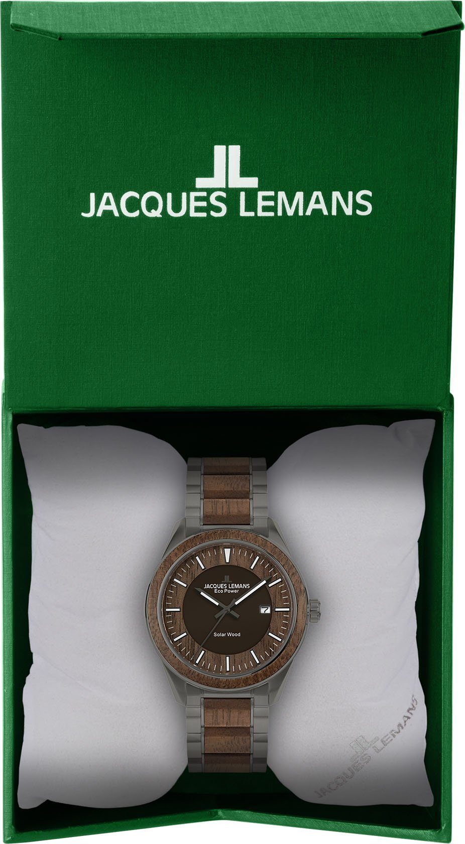 Jacques Lemans Solarhorloge Eco Power Solar Wood, 1-2116I Horloge, herenhorloge, datum, houten wijzerplaat, roestvrijstalen band