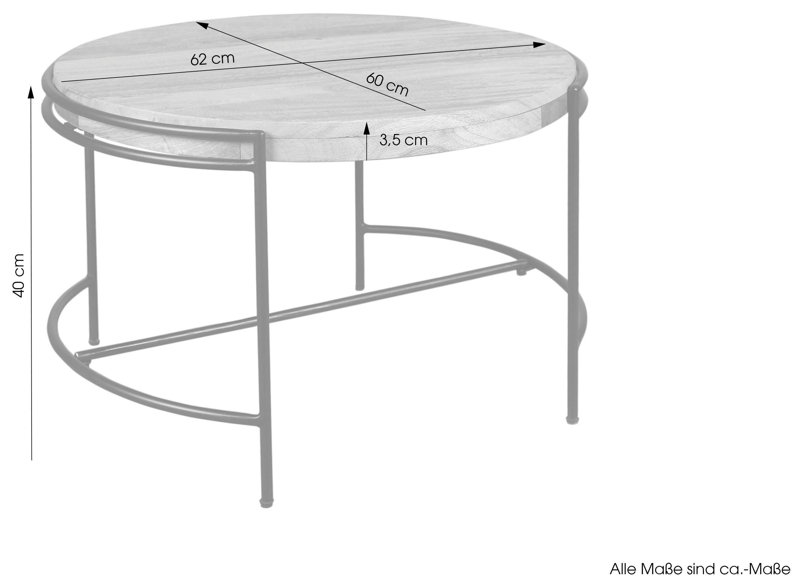 byLIVING Salontafel Hanna massief mango tafelblad 35 mm en zwarte metalen poten, rond 60 cm