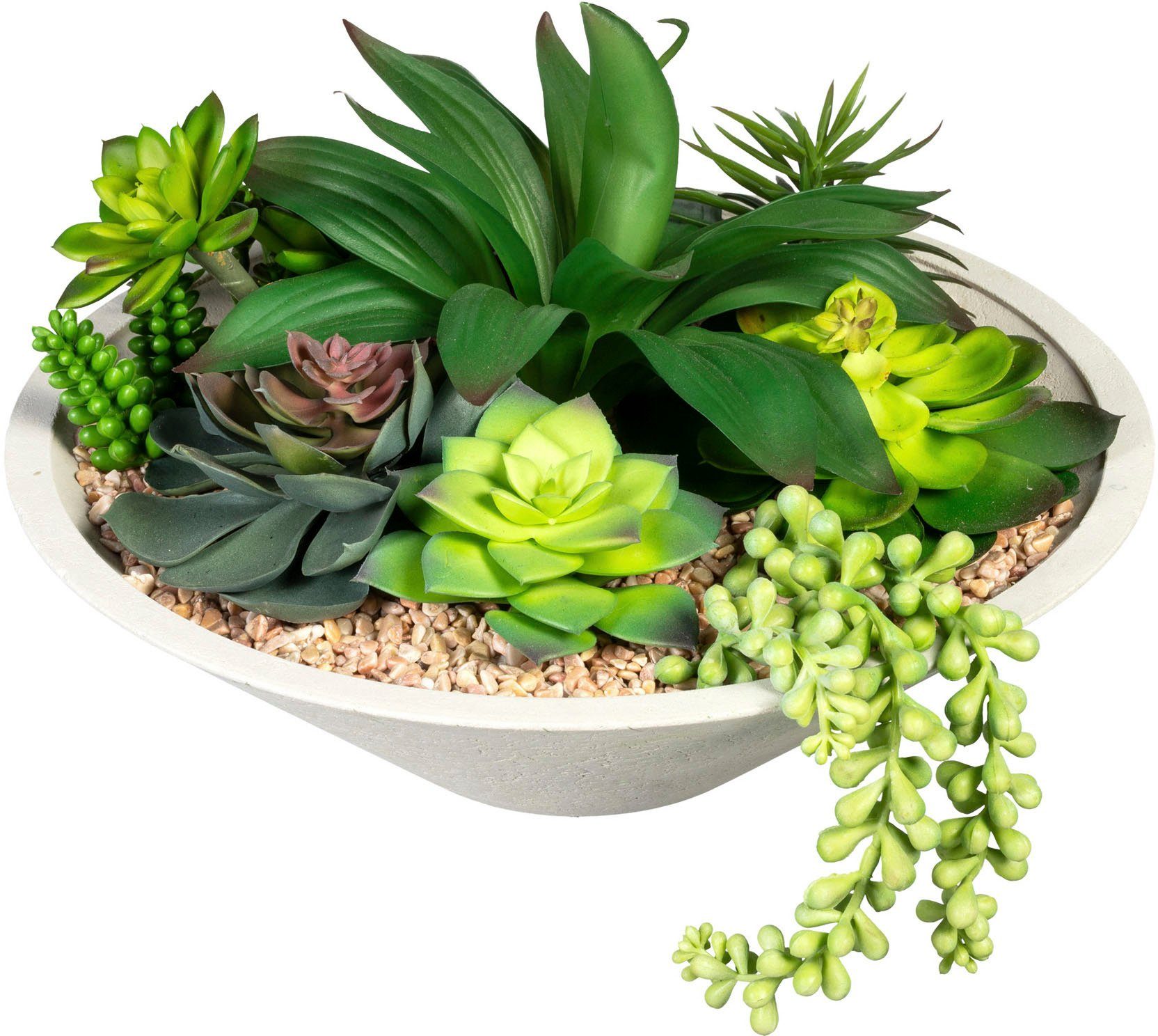 Creativ green Kunst-potplanten Vetplanten-arrangement in een schaal van natuurlijk materiaal (1 stuk)