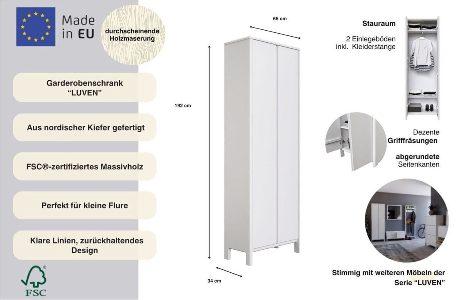 Home affaire Kledingkast Luven gecertificeerd massief hout, hoogte 192 cm