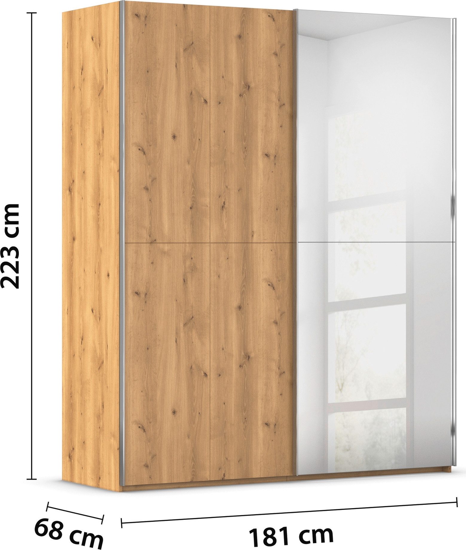 rauch Schuifdeurkast Kledingkast kast garderobe slaapkamerkast SCALE-WOOD edel gesplitste front in massief takken eiken met spiegel made in germany