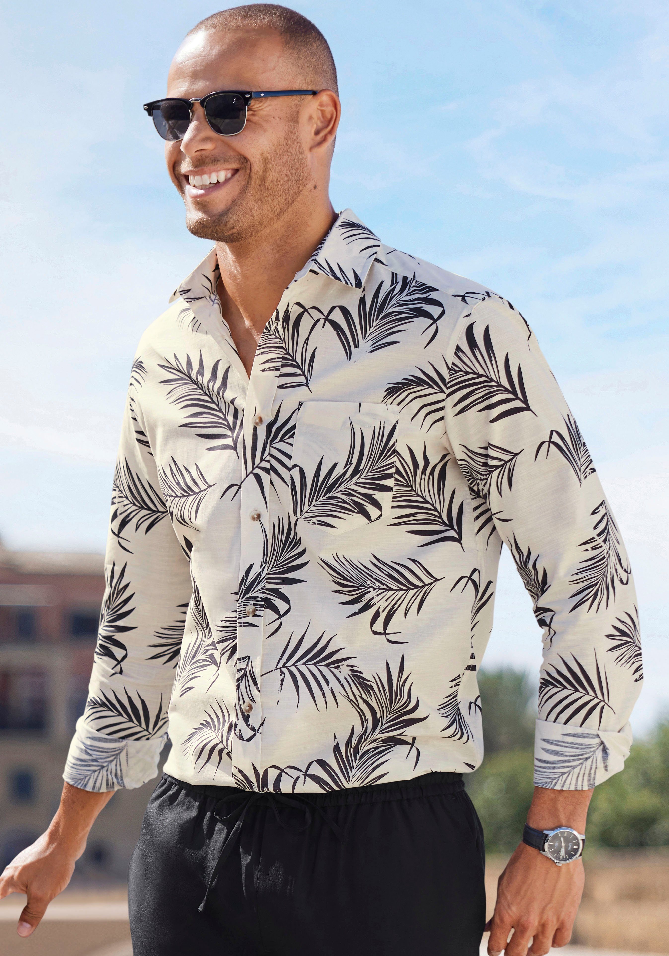 John Devin Hawaï-overhemd Regular fit Lange mouwen, vrijetijdsshirt met palmprint van 100% katoen