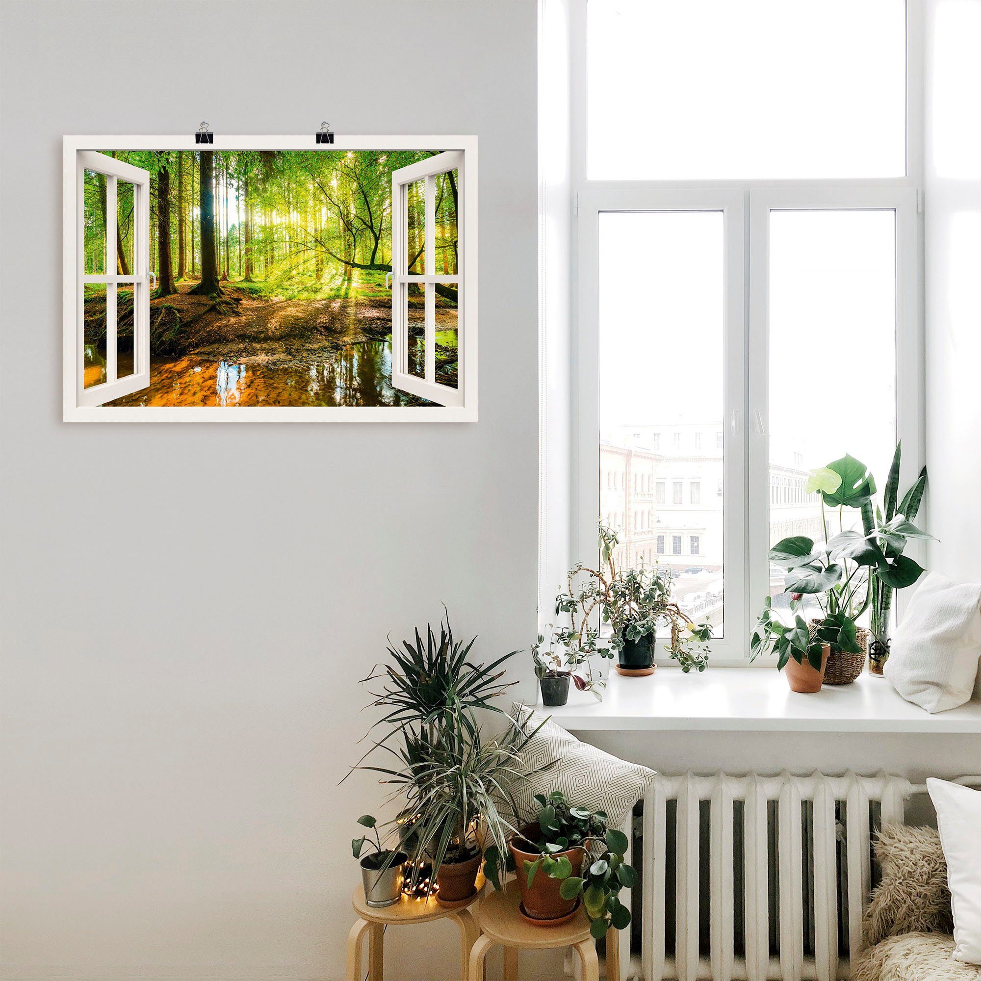 Artland Artprint Blik uit het venster - bos met beek als artprint op linnen, poster, muursticker in verschillende maten