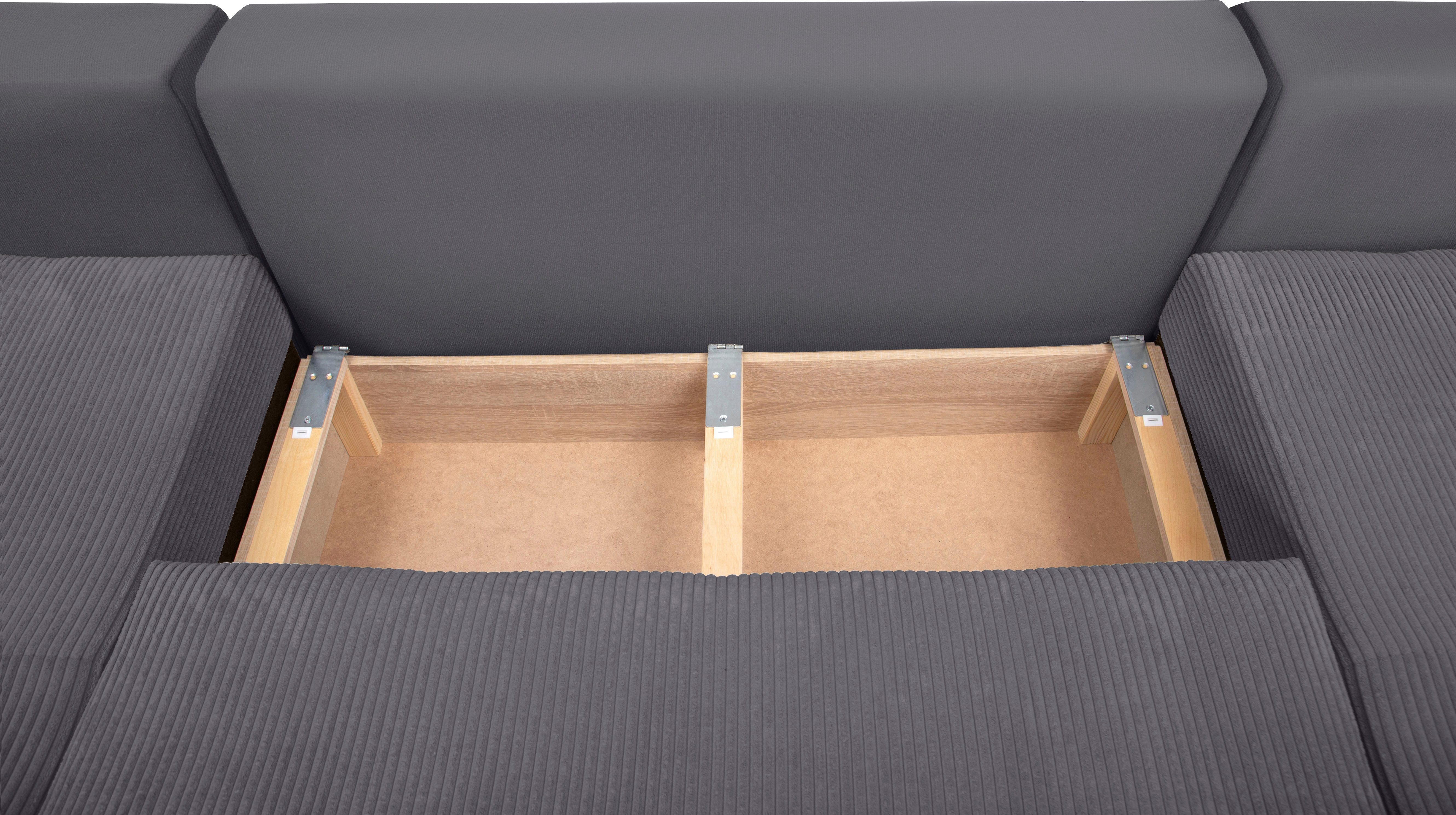 COLLECTION AB Zithoek XL-Josy U-vorm, breedte 313 cm, cord-/mix incl. bedfunctie, bedlade, met 4 gelijk grote rugkussens