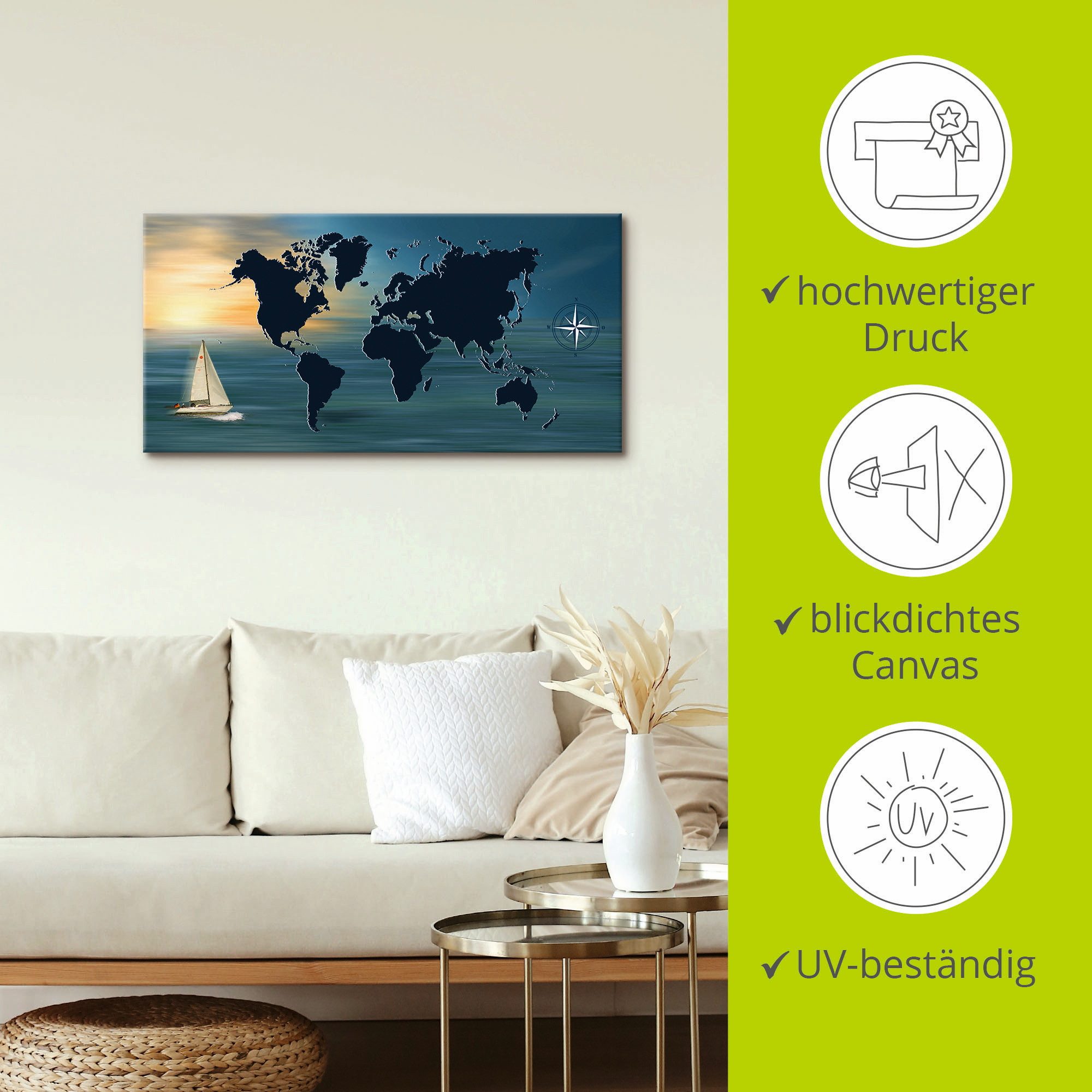 Artland Artprint Reis om de wereld met wereldkaart als artprint op linnen, poster in verschillende formaten maten