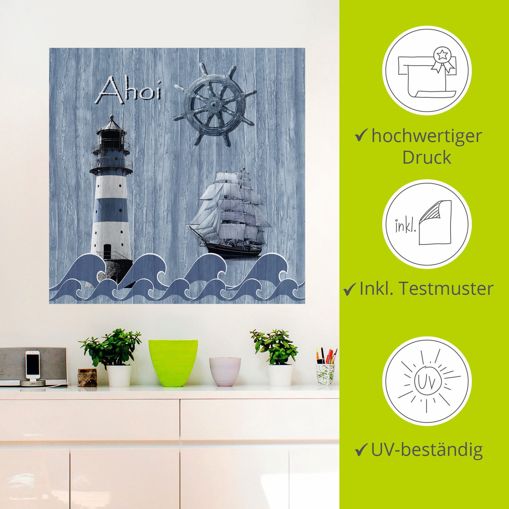 Artland Artprint Ahoy in maritiem blauw als artprint van aluminium, artprint voor buiten, artprint op linnen, poster, muursticker