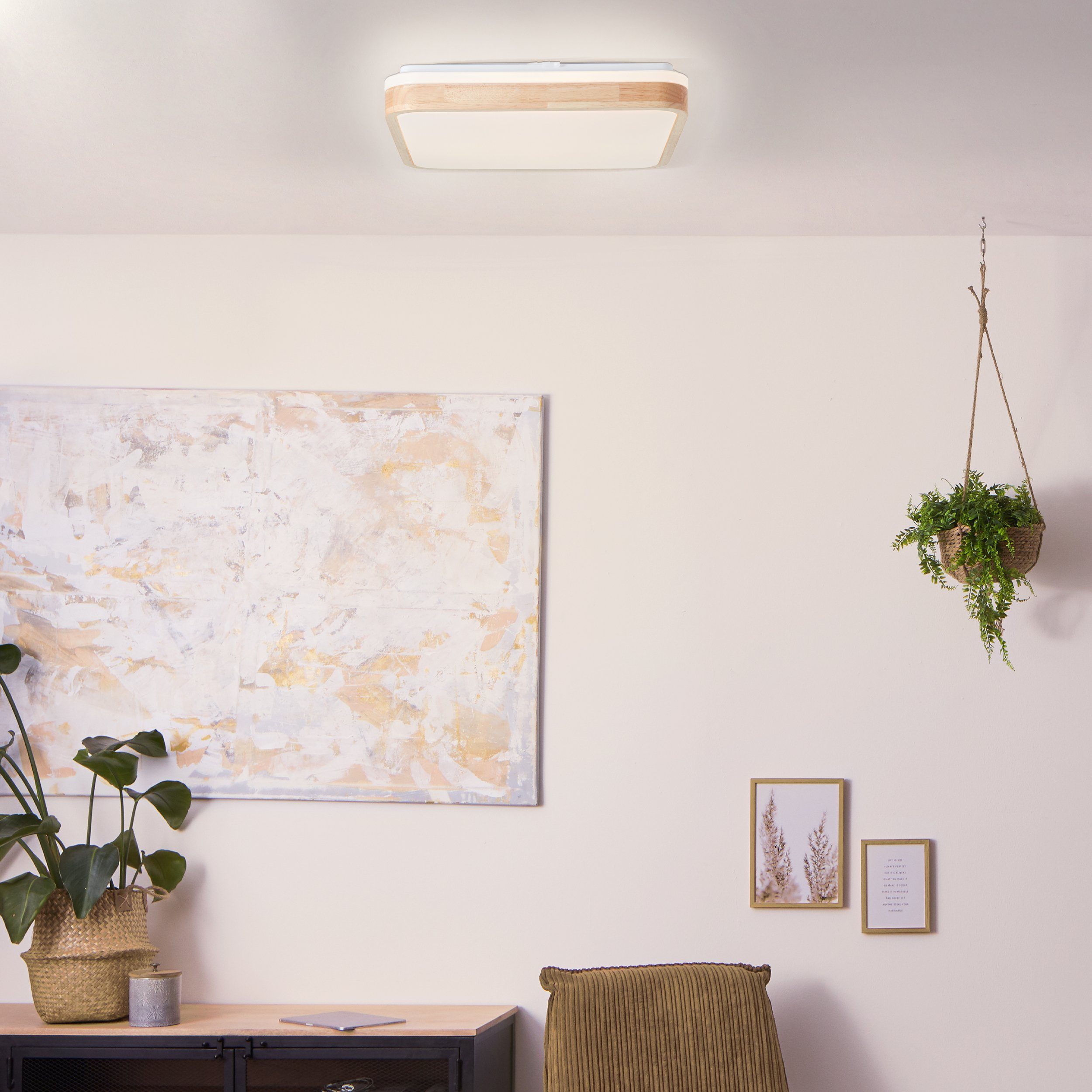 Brilliant Leuchten Led-plafondlamp Tumeo 40 x 40 cm, 2400 lumen, metaal/hout, licht hout/wit