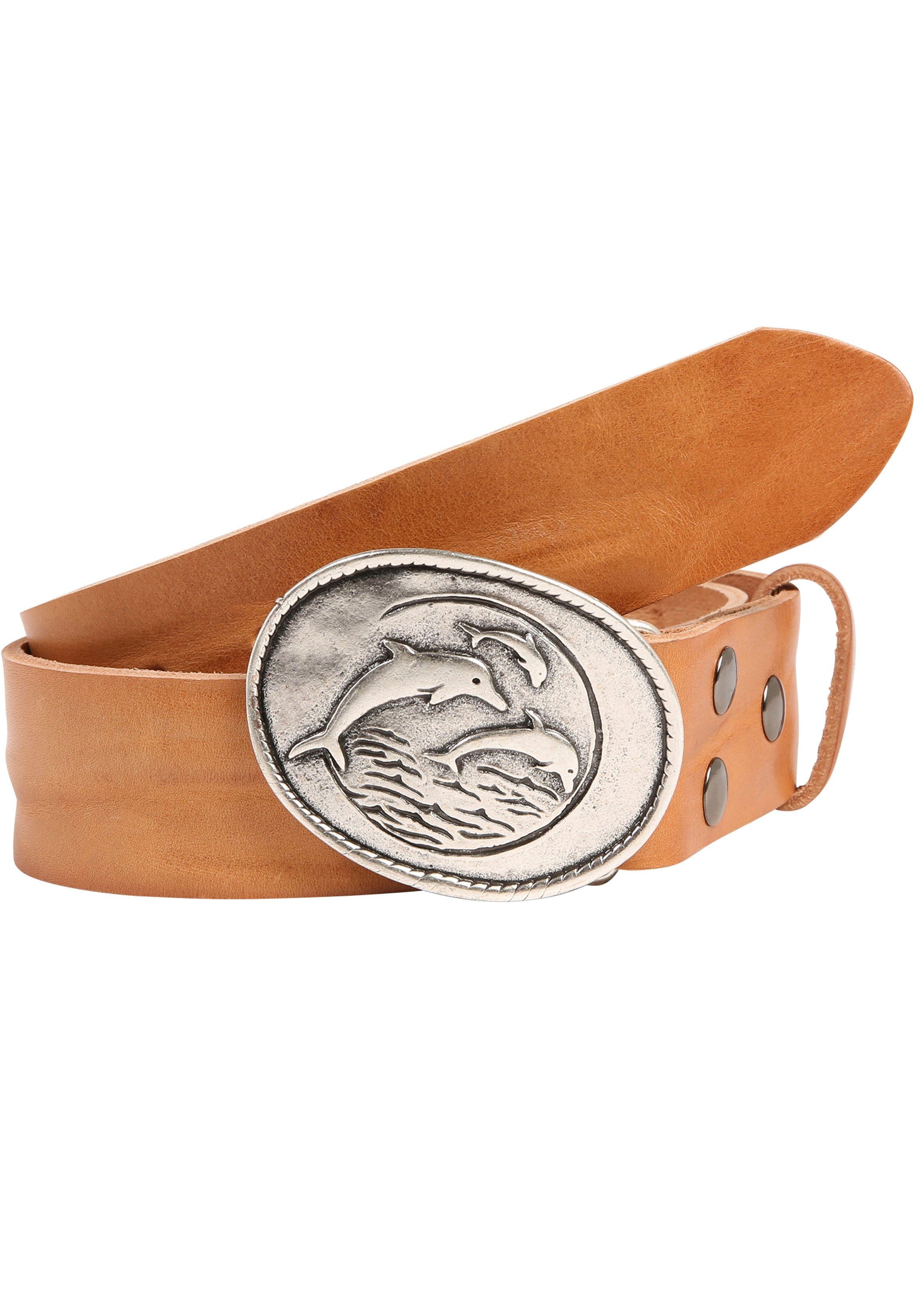 RETTUNGSRING by showroom 019° Leren riem met verwisselbare sluiting "dolfijnfamilie ovaal zilver" unisex riemen maat 90 bruin