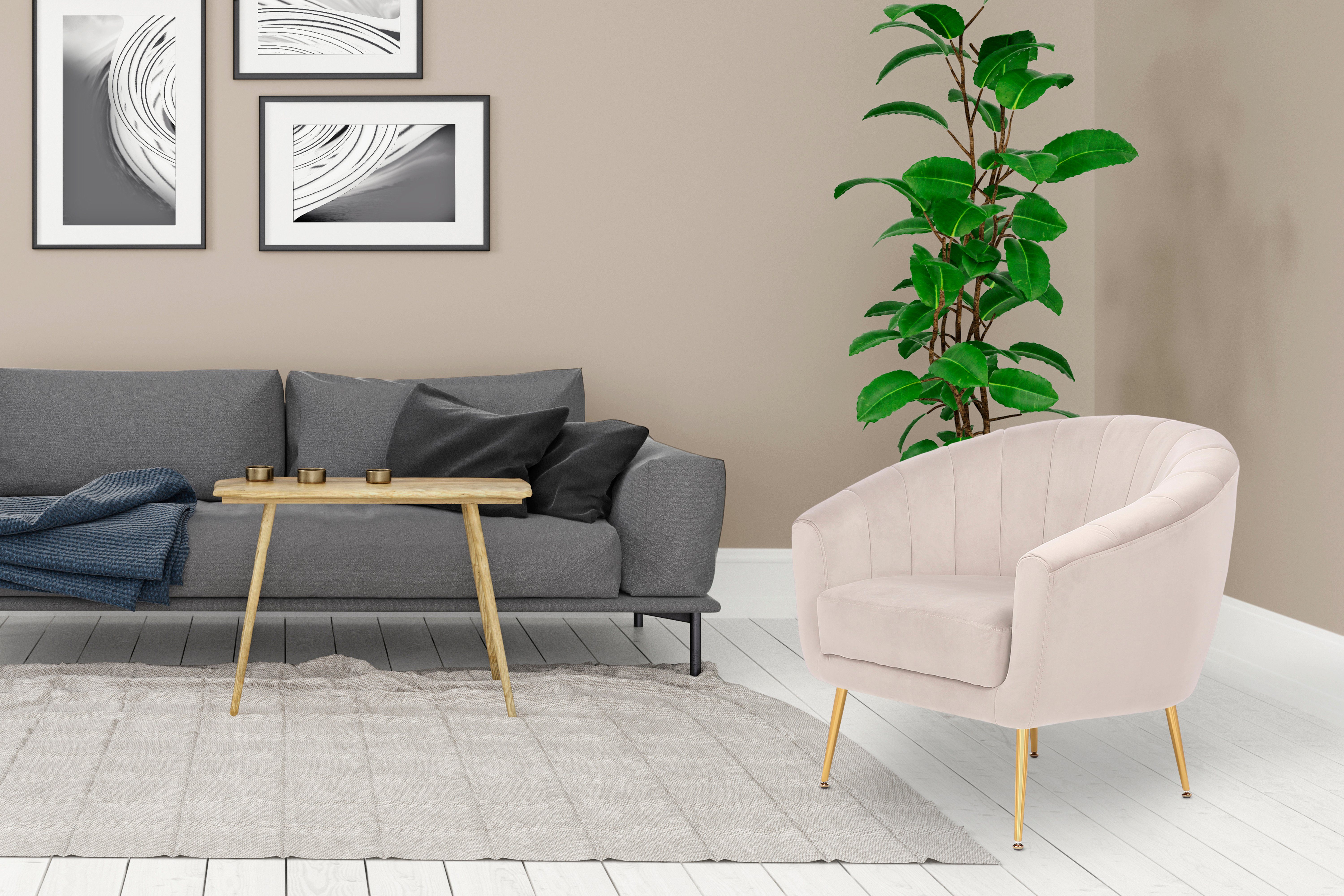 Kayoom Fauteuil Sofa Doreen 125, comfortabele fauteuil, eentonig ontwerp modern, ruimtebesparend, onderhoudsvriendelijk, fluwelen bekleding van stof (1 stuk)