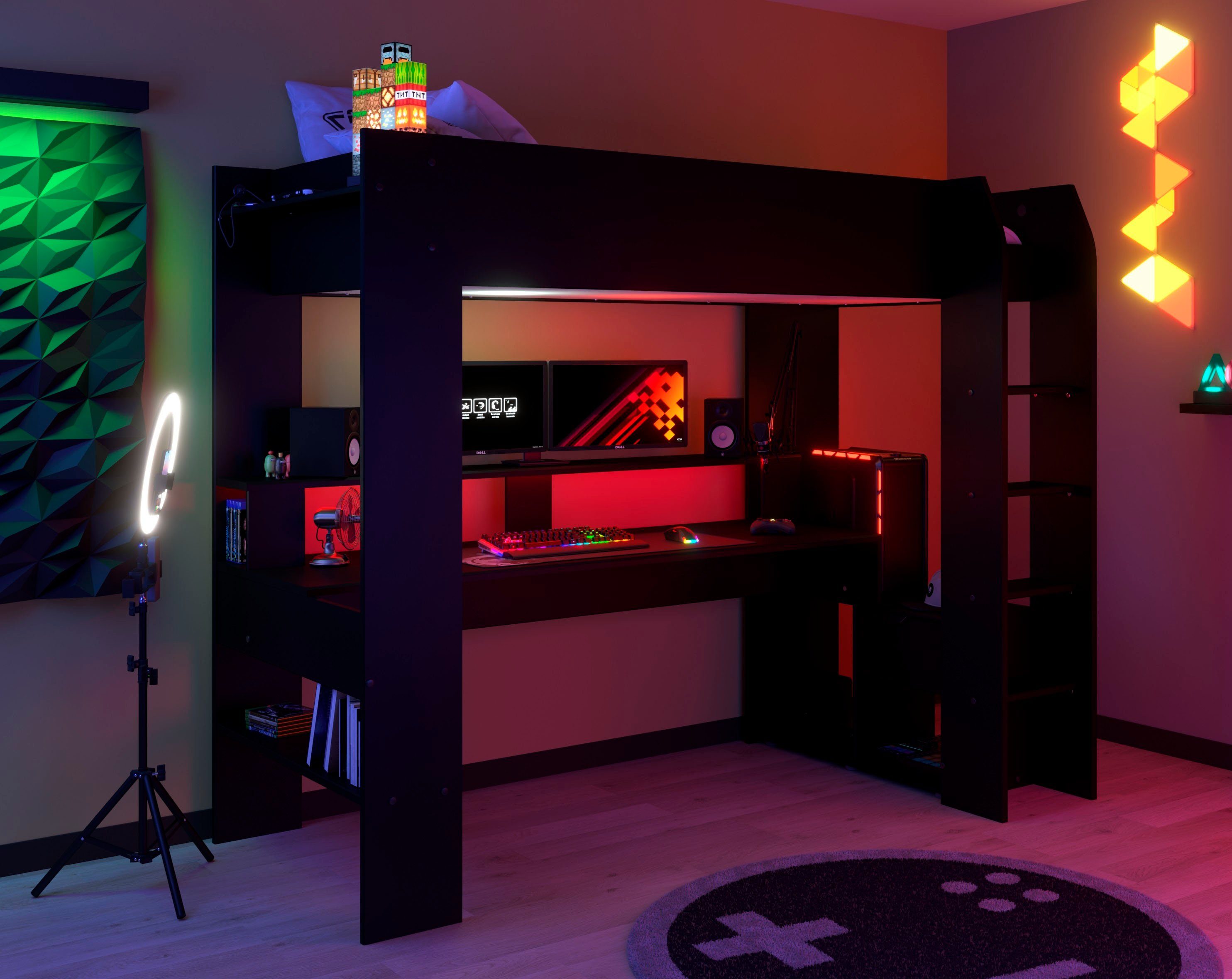 Parisot Hoogslaper Gaming-bed, met bureau, USB-aansluiting, LED, veel opbergruimte