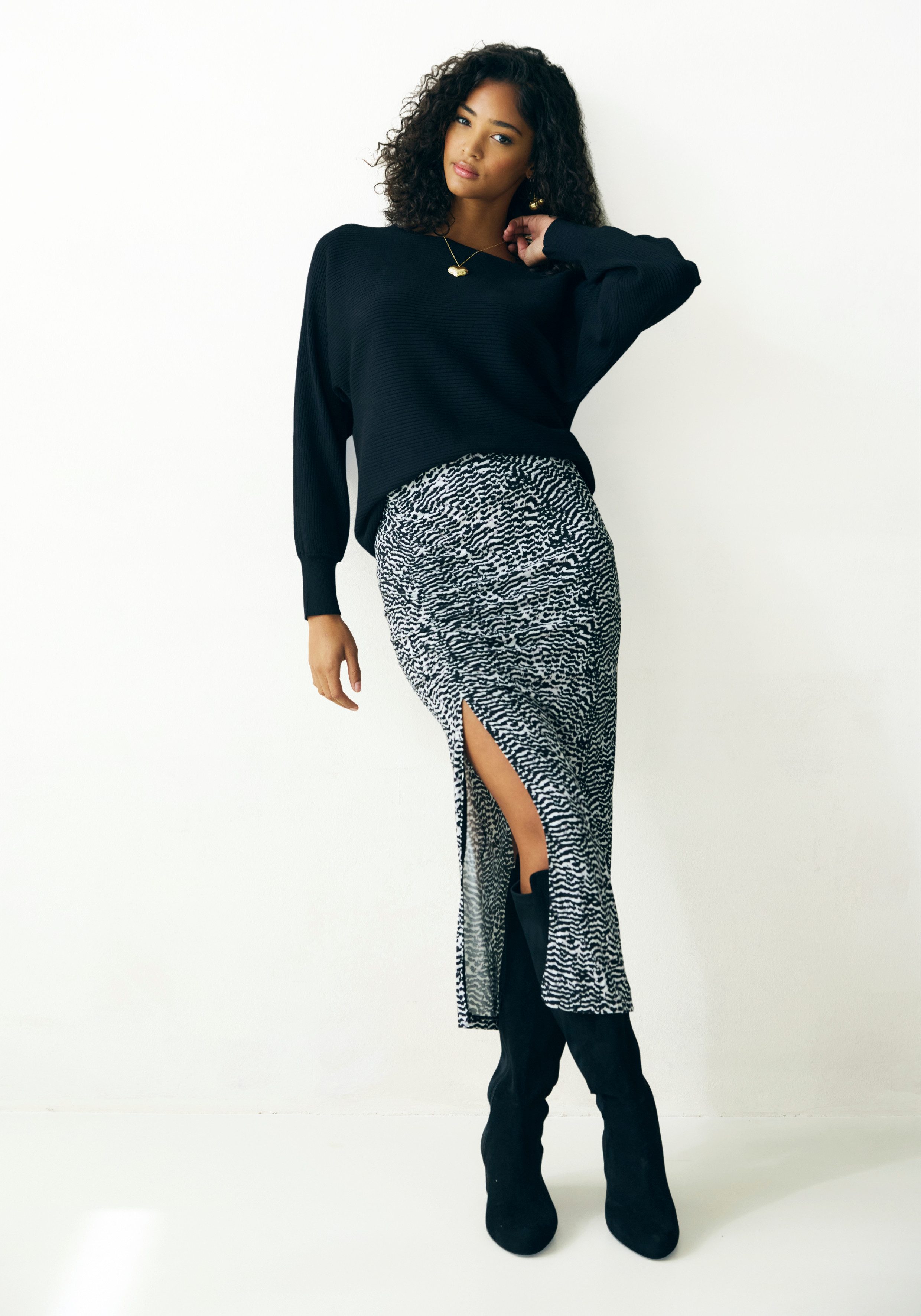 Vivance Midirok met plooien aan de zijkant en split, jersey rok met animal print