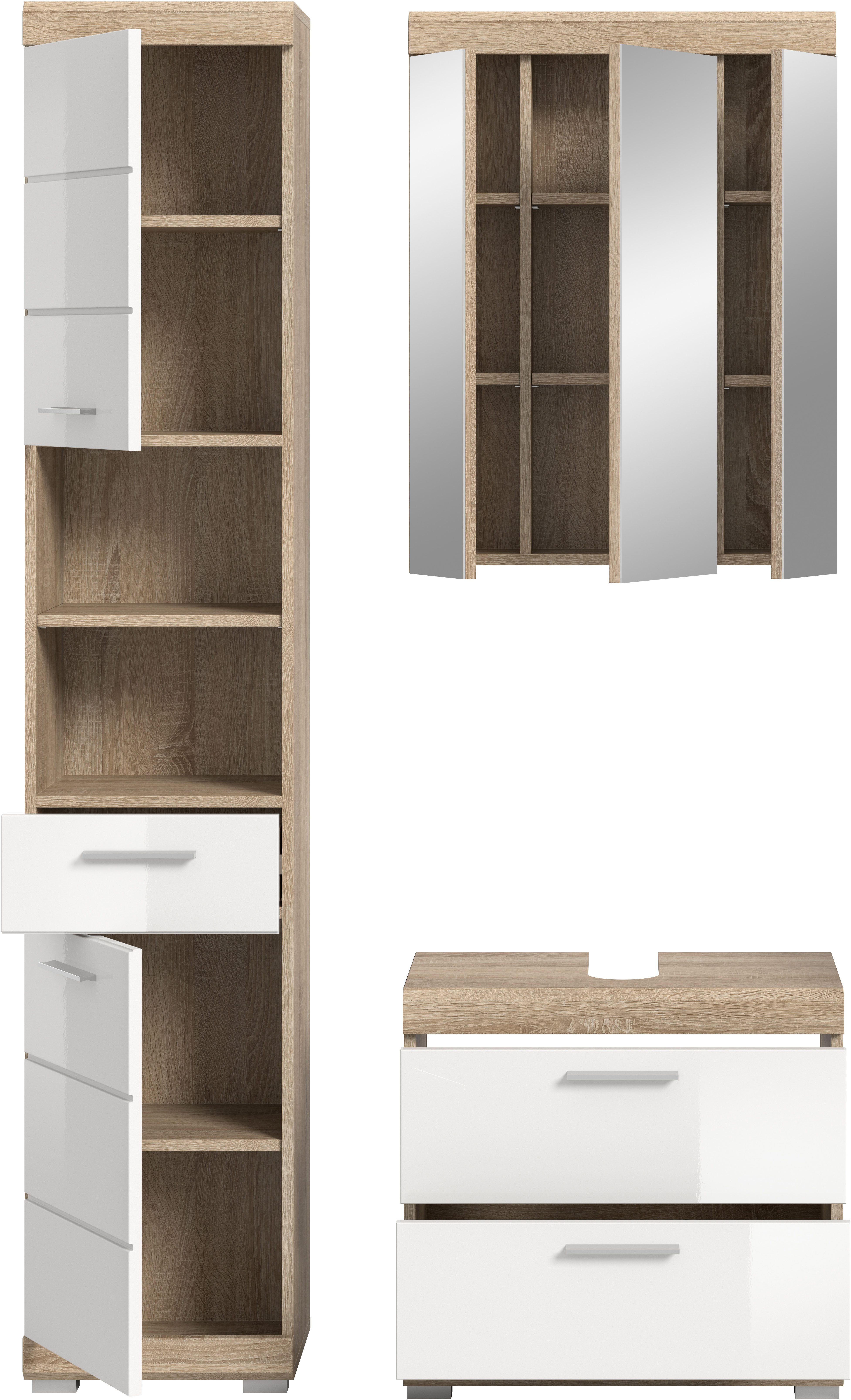 INOSIGN Badkamerserie Siena, 3-delig, bestaande uit: Hoge kast, wastafelonderkast, spiegelkast (set, 3-delig)