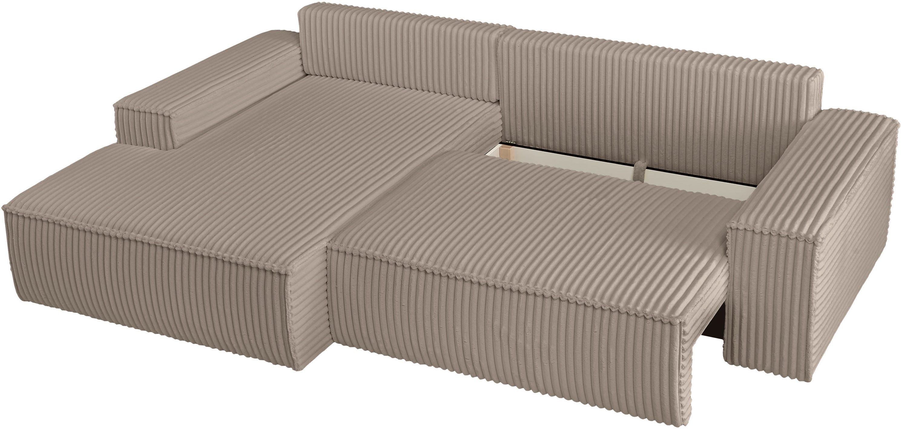 andas Hoekbank Finnley slaapbank 267 cm in Bouclé, fijne structuur en cord, L-vorm