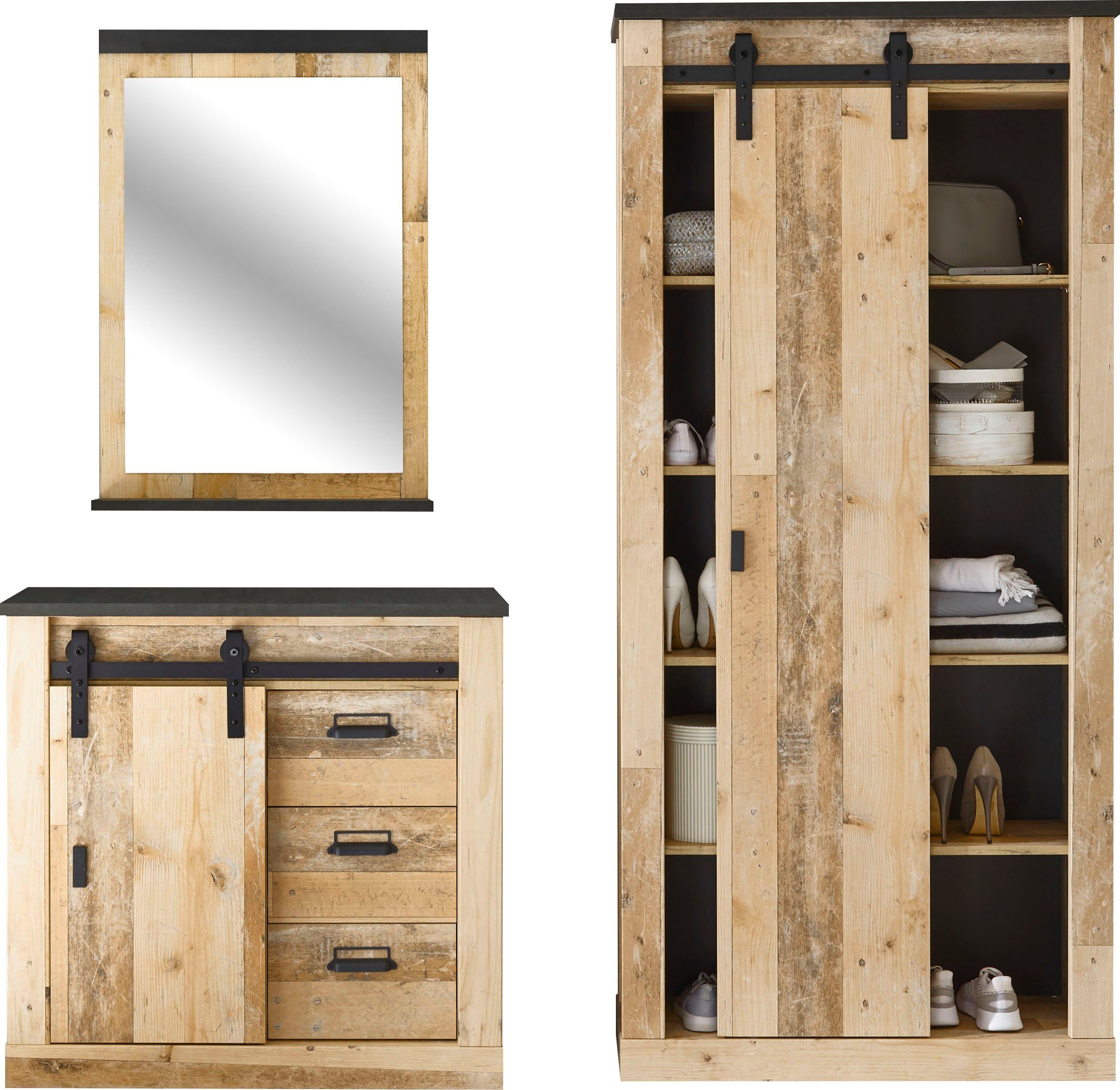 Home affaire Halmeubelset Sherwood met schuurdeurbeslag, apothekersgrepen van metaal (3-delig)