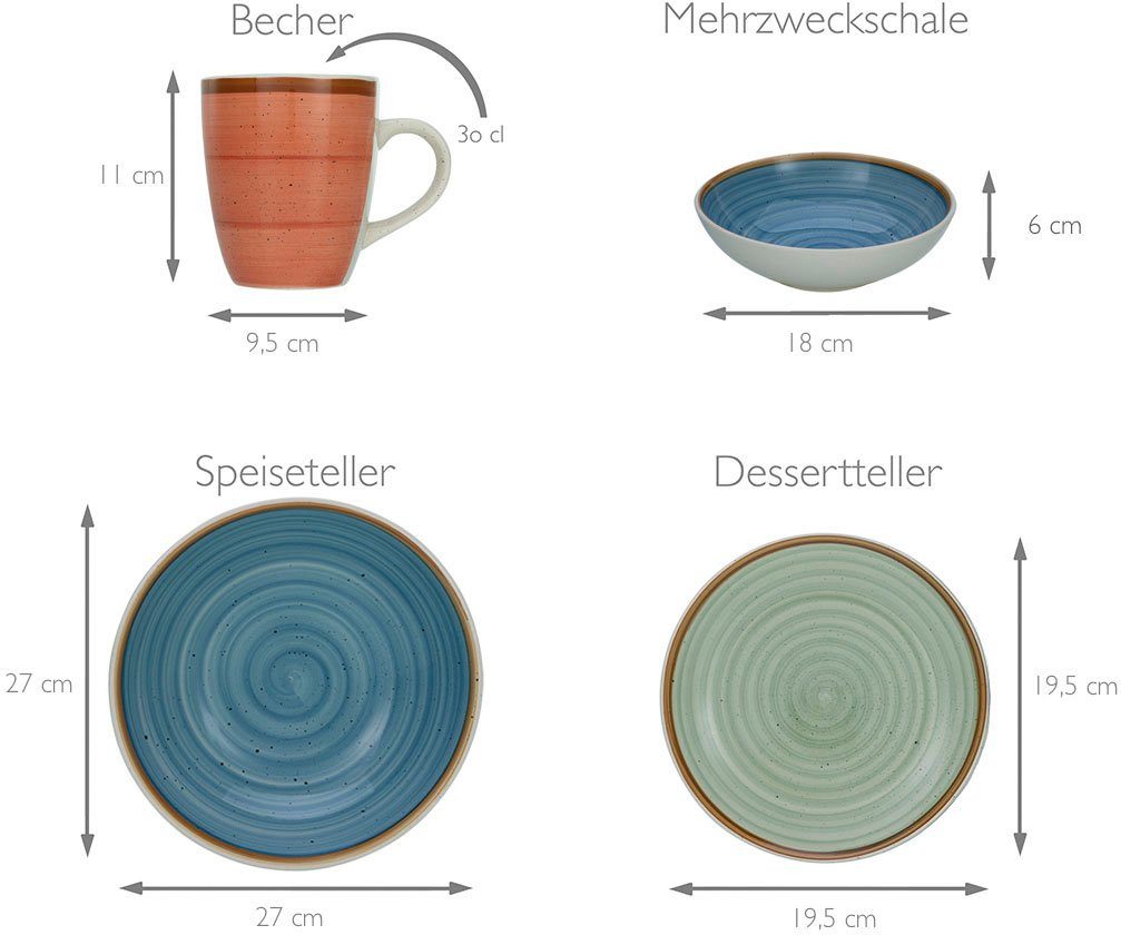 CreaTable Combi-servies Servies-set Country Servies, spiraaldecoratie, 24 delen, voor 6 personen (set, 24-delig)