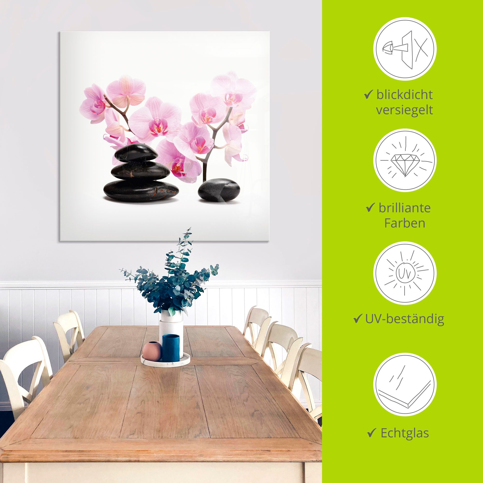 Artland Print op glas Zwarte stenen en roze orchidee