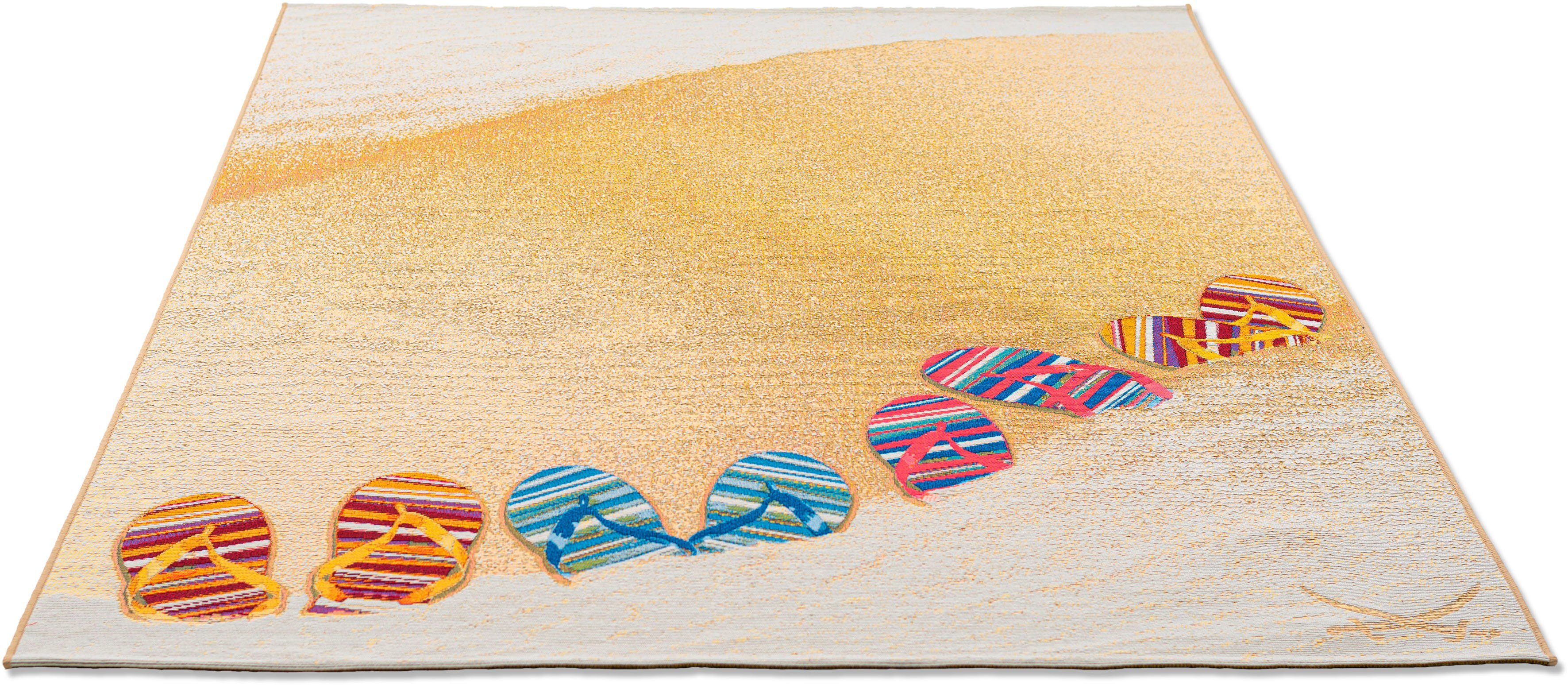 Sansibar Vloerkleed Rantum Beach SA-017 Vlakweefsel, modern ontwerp, motief badslippers, geschikt voor buiten