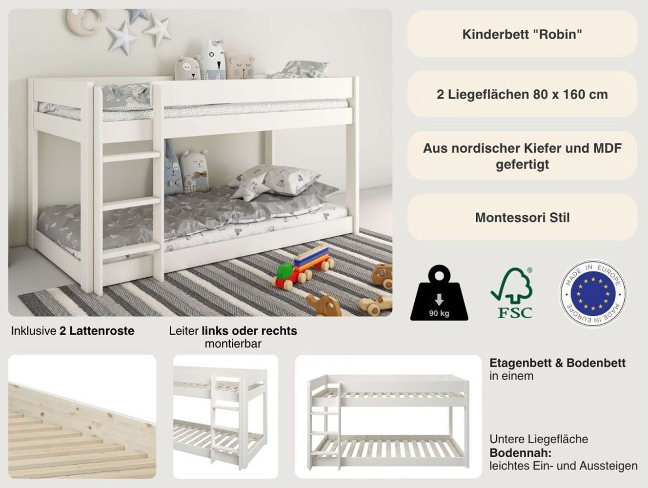 Lüttenhütt Kinderledikant ROBIN, Bed, Stapelbed, Ladder/toegang kan aan beide zijden worden gemonteerd