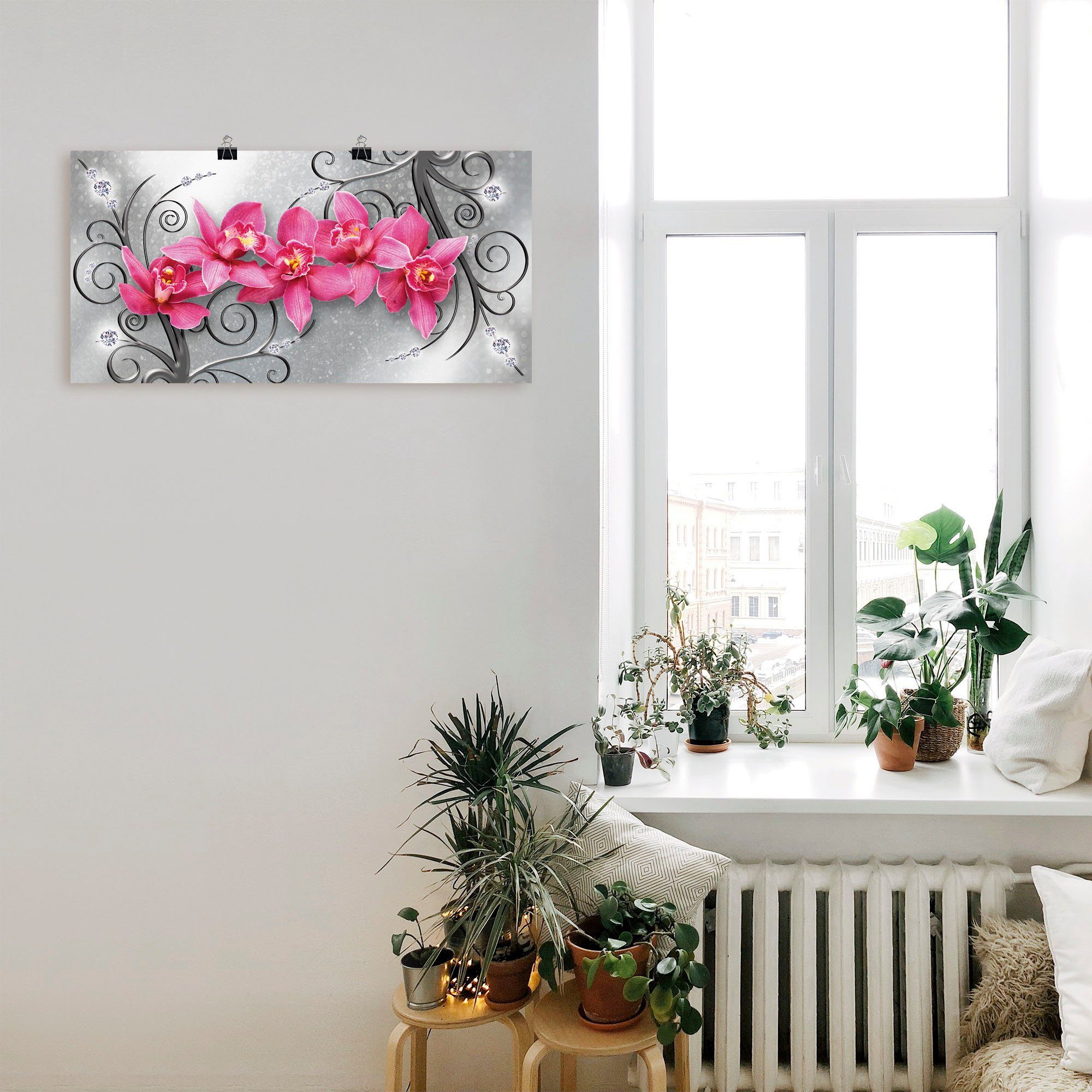 Artland Artprint Roze orchideeën op ornamenten als artprint van aluminium, artprint voor buiten, artprint op linnen, poster, muursticker