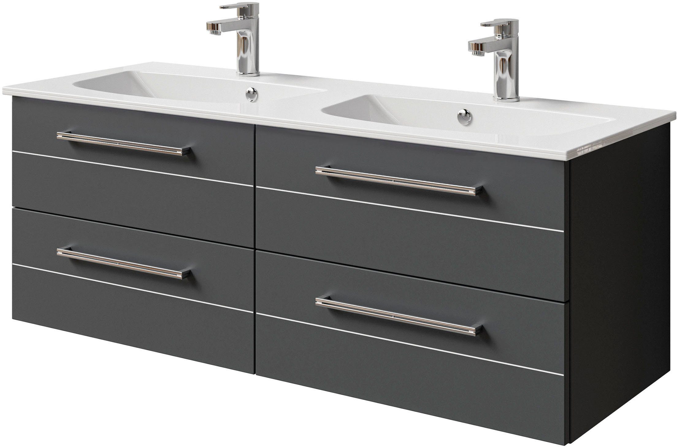 Saphir Badkamerserie Serie 6025 2-delig, mineraalmarmeren wastafel met led-spiegelkast Wastafelmeubel 132 cm breed, 4 laden, 2 spiegeldeuren, incl. deurdemper (2-delig)