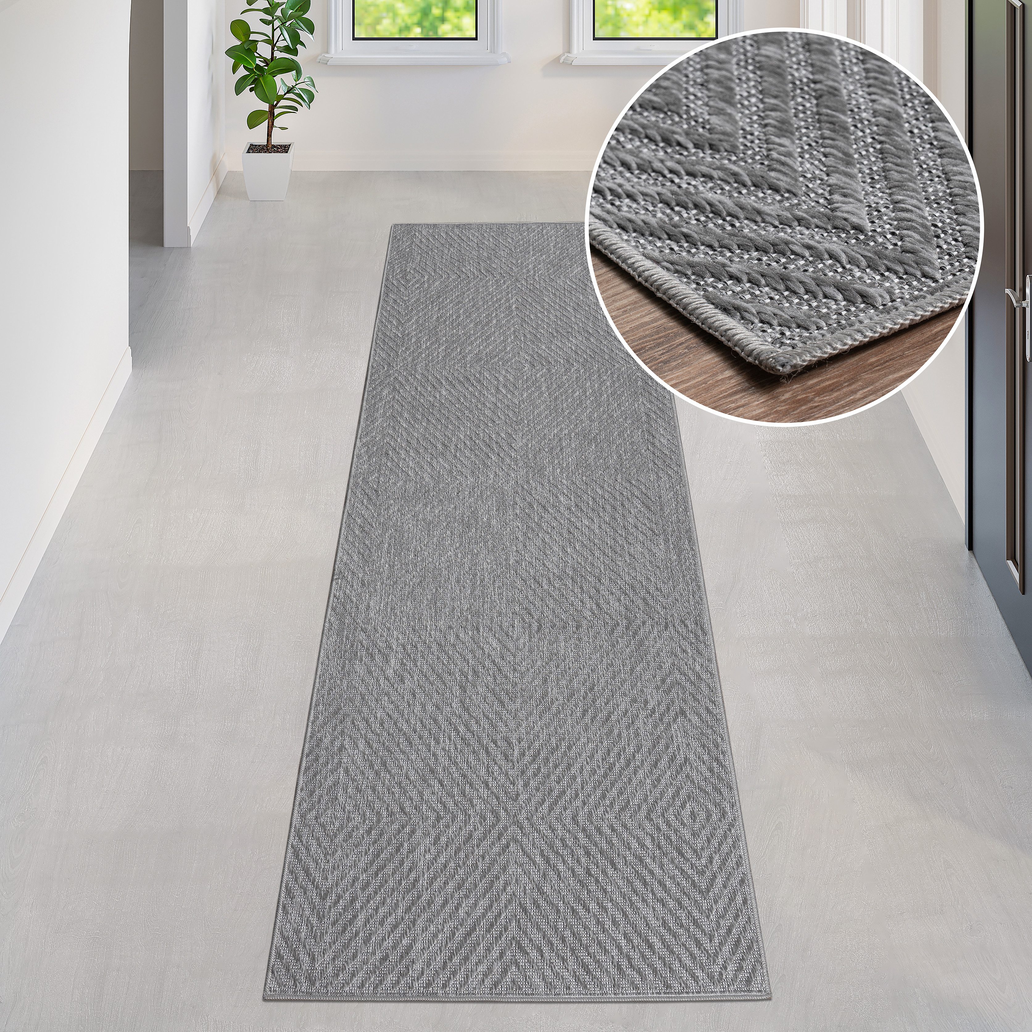 my home Loper Elsa Geschikt voor binnen en buiten, sisal-look, weerbestendig & uv-bestendig, boho lopers maat 90 cm x 250 cm x 3 mm grijs