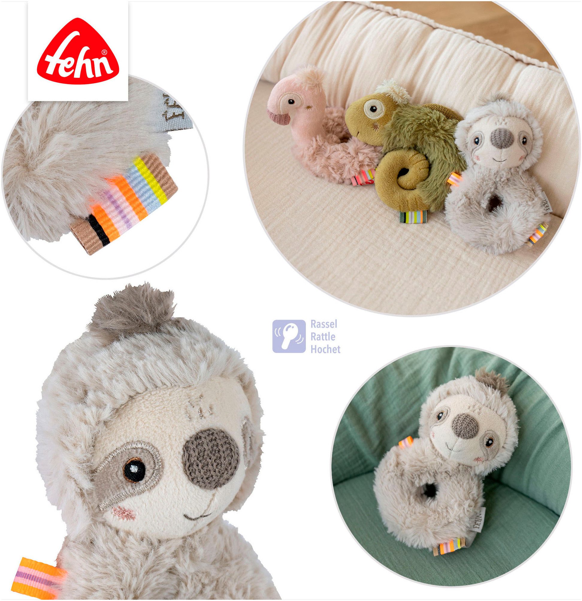 Fehn Grijpspeeltje Lazy, Crazy & Pink, Ring-Grijper Luiaard