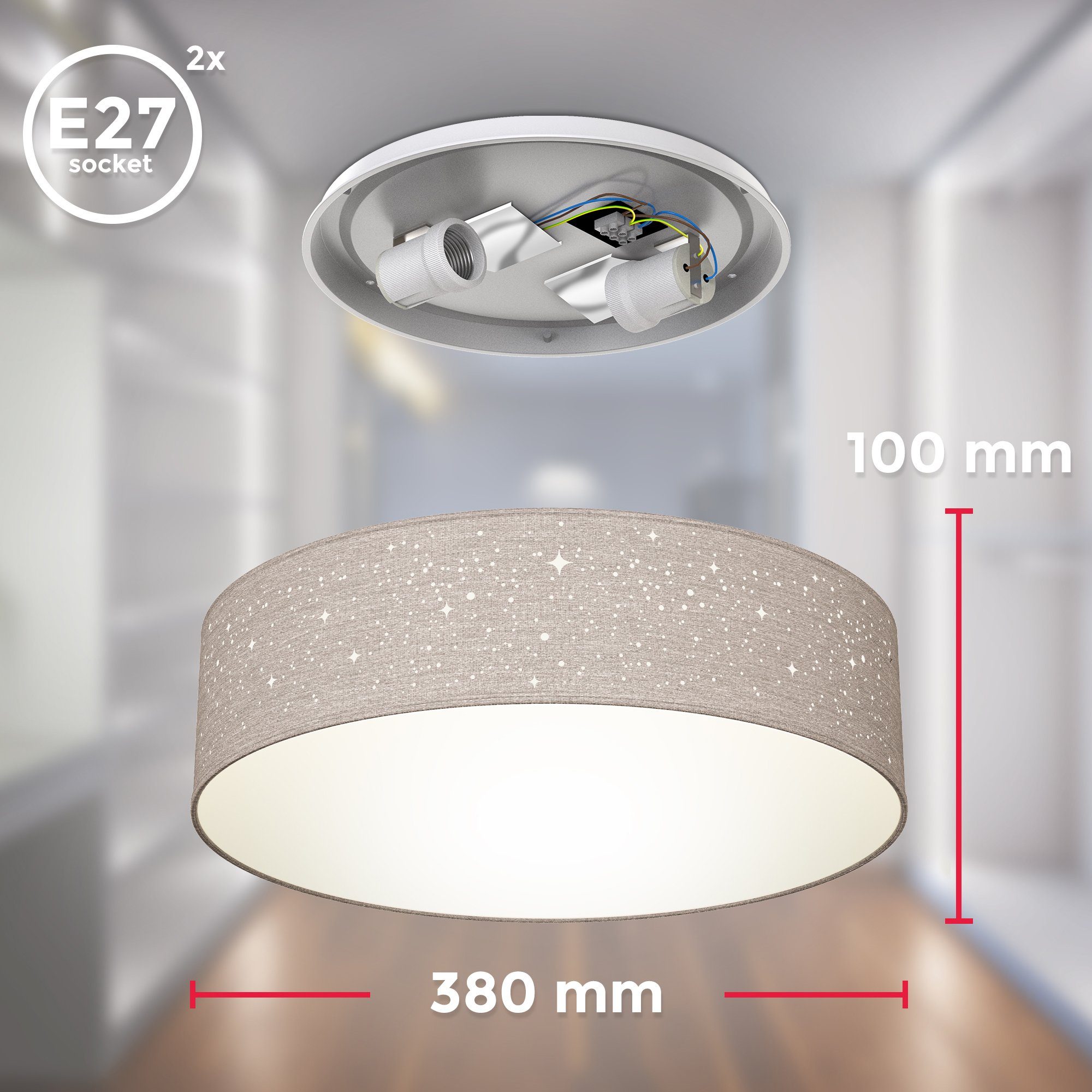 B.K.Licht Plafondlamp Textiel-sterrenhemel, taupe, 2-armig E27, stoffen plafondlamp, rond (1 stuk)