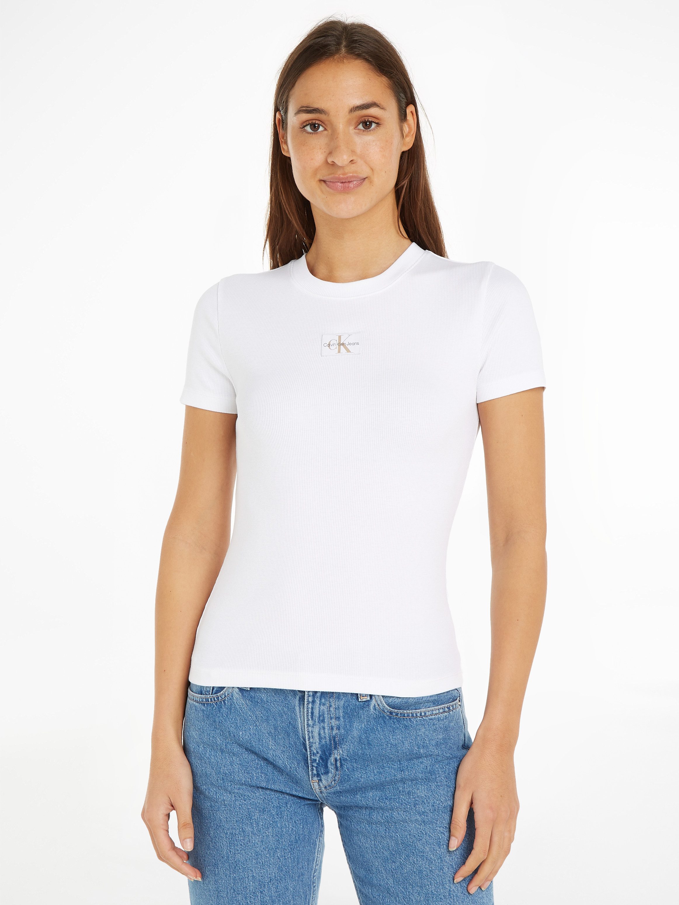 Calvin Klein T-shirt WOVEN LABEL RIB BABY TEE dames t-shirts maat XL (42) wit