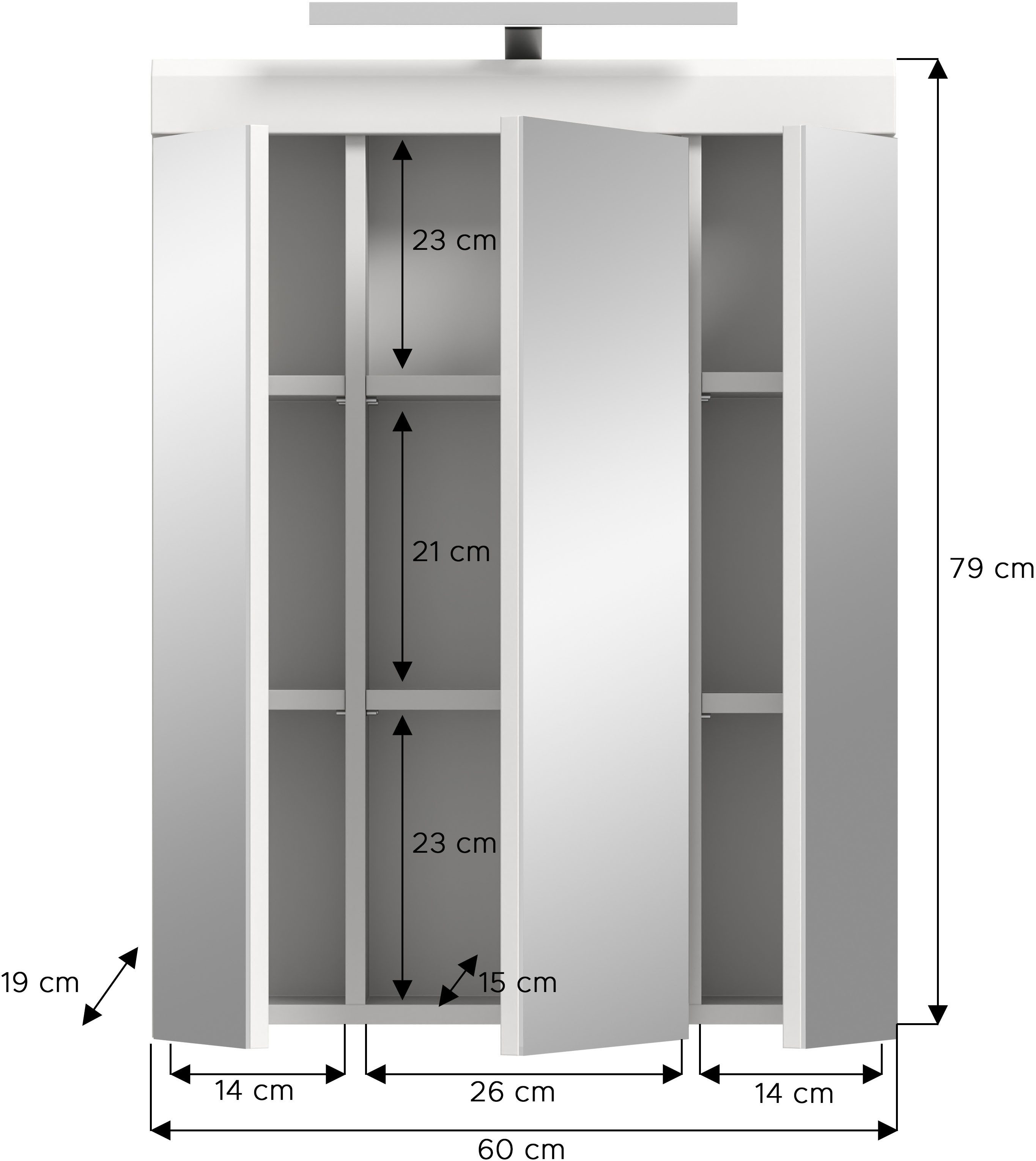 INOSIGN Spiegelkast Siena, breedte 60 cm, incl. verlichting, 3 spiegelt deuren, 9 vakken in verschillende kleuren verkrijgbaar, badkamermeubels, spiegel, badkamerkast, badkamer (set)
