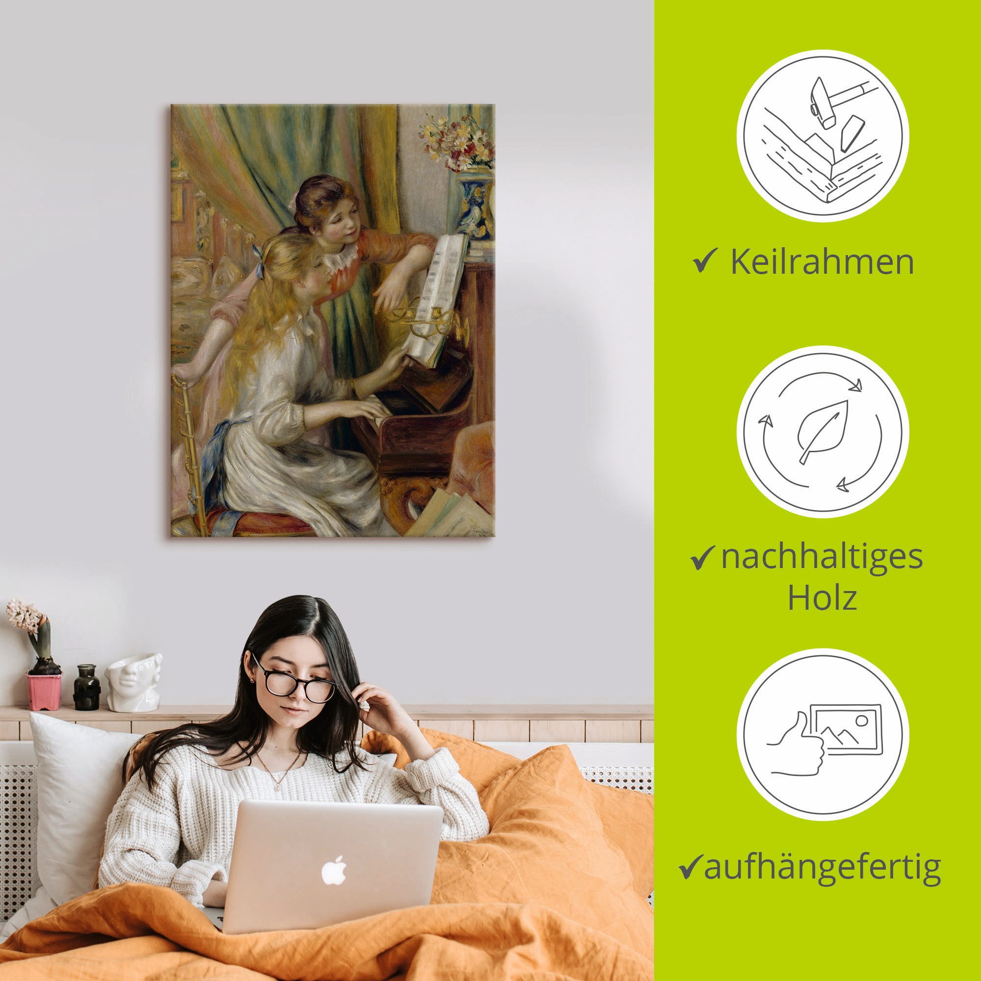Artland Artprint op linnen Twee meisje aan de piano gespannen op een spieraam