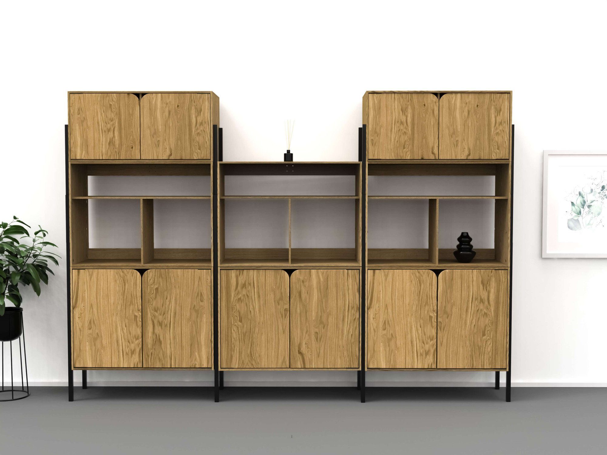 andas Dressoir Finton Commode met 3 open vakken, kast van massief eikenhout