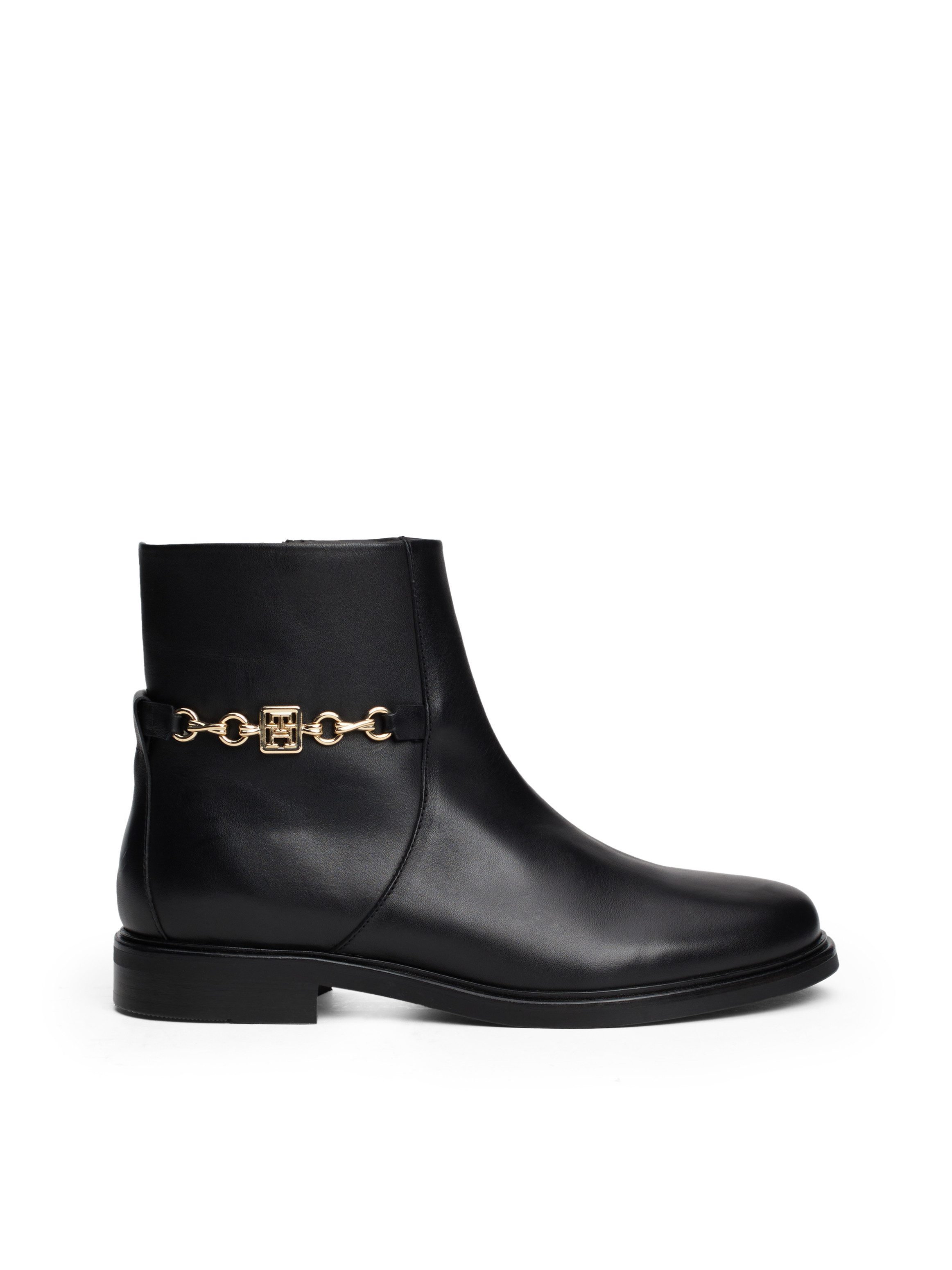 Tommy Hilfiger Laarsjes TH CHAIN LEATHER LOW BOOTIE blokhak, business schoen, ankleboots met gouden decoratieve ketting