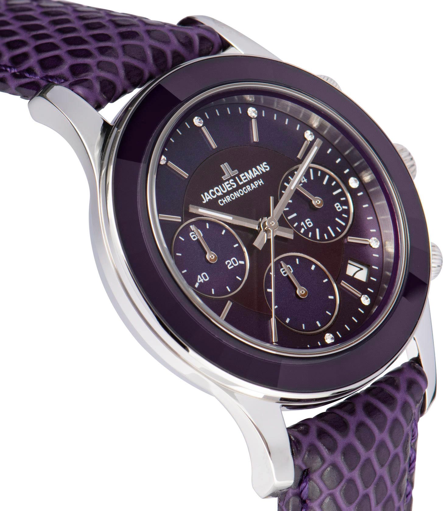 Jacques Lemans Chronograaf Venice Polshorloge, dameshorloge, leren band, stopwatchfunctie, datum, parelmoer