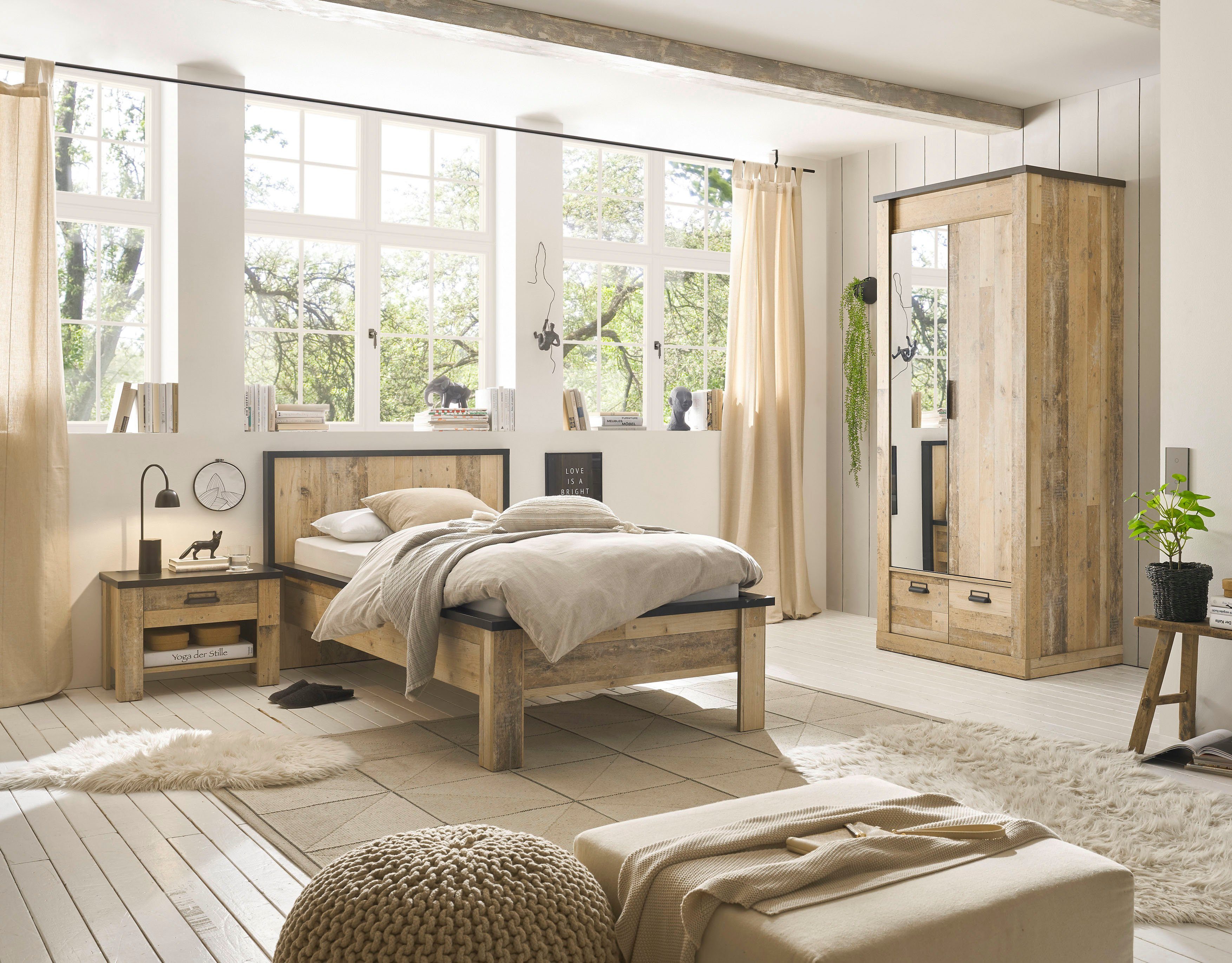 Home affaire Slaapkamerserie Sherwood Ligoppervlak 90 x 200 cm, kast 2-deurs 93 cm breed (3-delig)