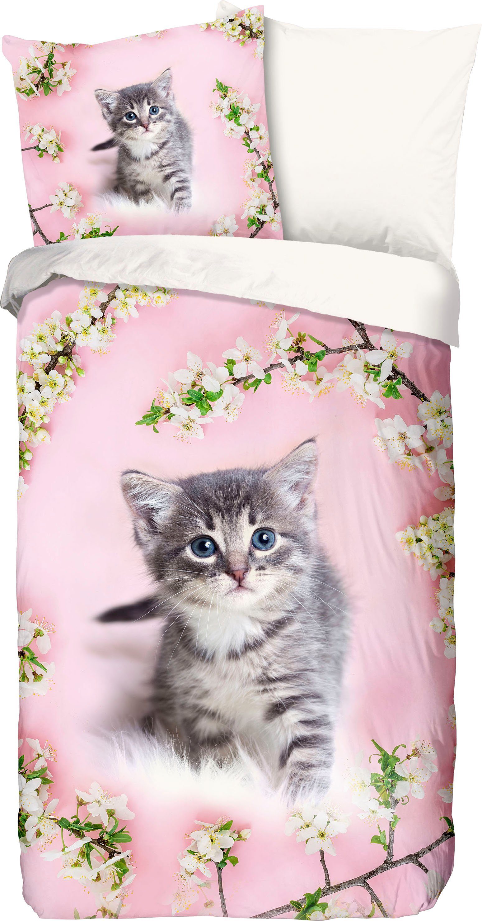 good morning Kinderovertrekset Pussycat Katoen, 135x200, Rits, Omkeerbaar, Kind, Meisje, Roze, Kat (2-delig)