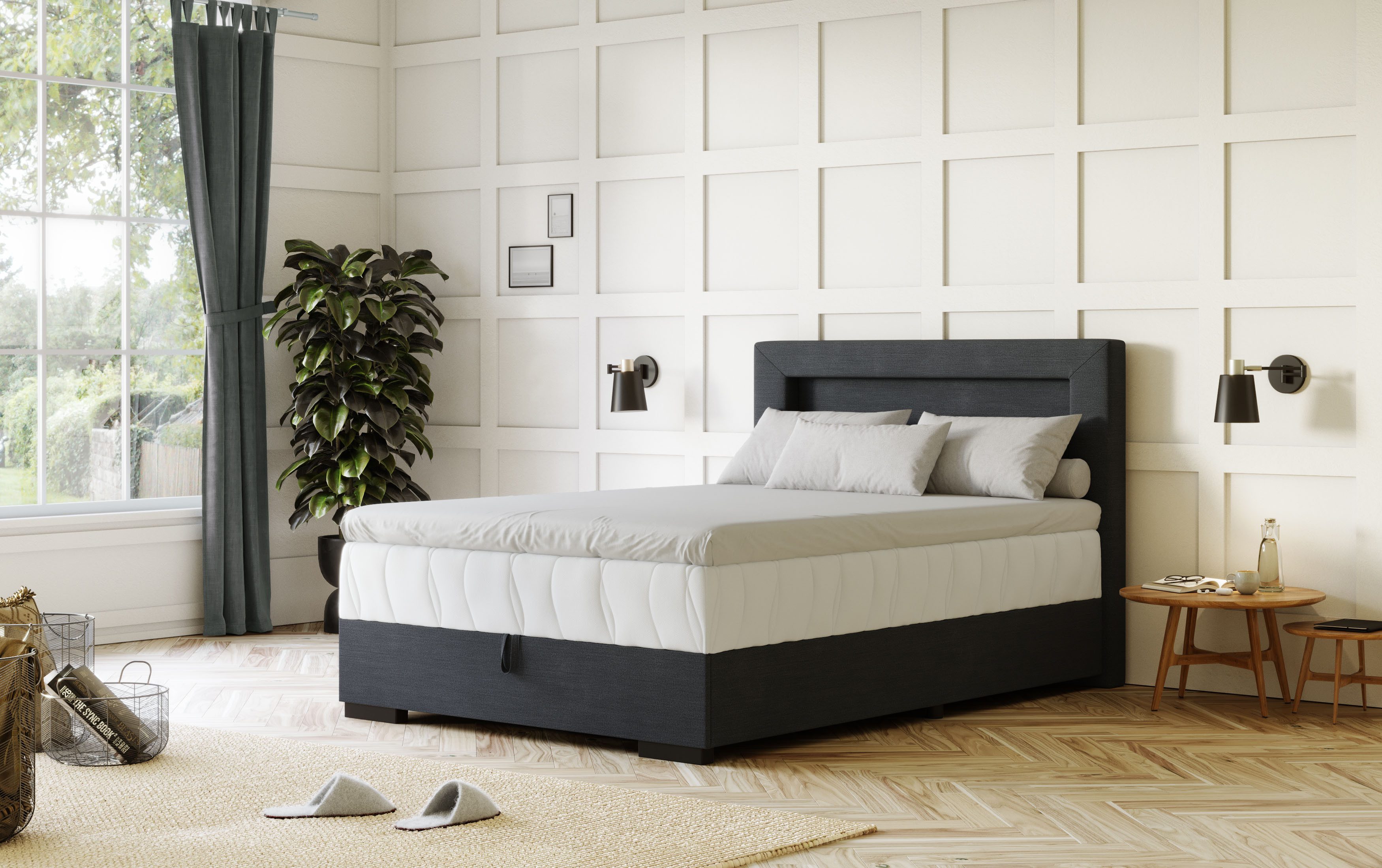 COTTA Boxspring Kelly uitgerust met led-licht, incl. bedlade boxsprings maat Platweefsel LINNEN-LOOK blauw
