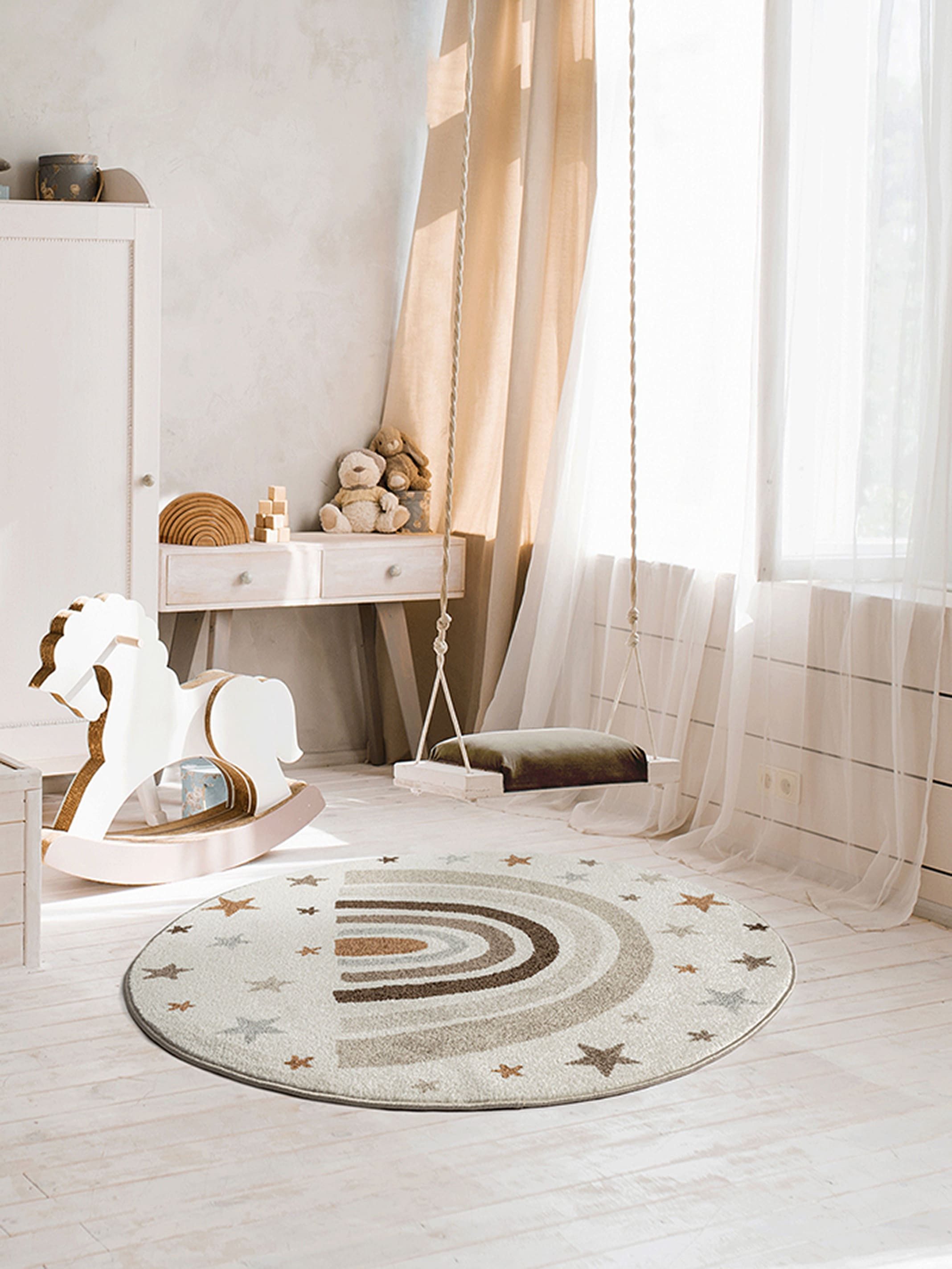 OTTO The carpet Vloerkleed Beat Kids Kids kinderkamer tapijt slijtvast en onderhoudsvriendelijk moderne vloerkleden maat Ø 160 cm x 9 mm beige