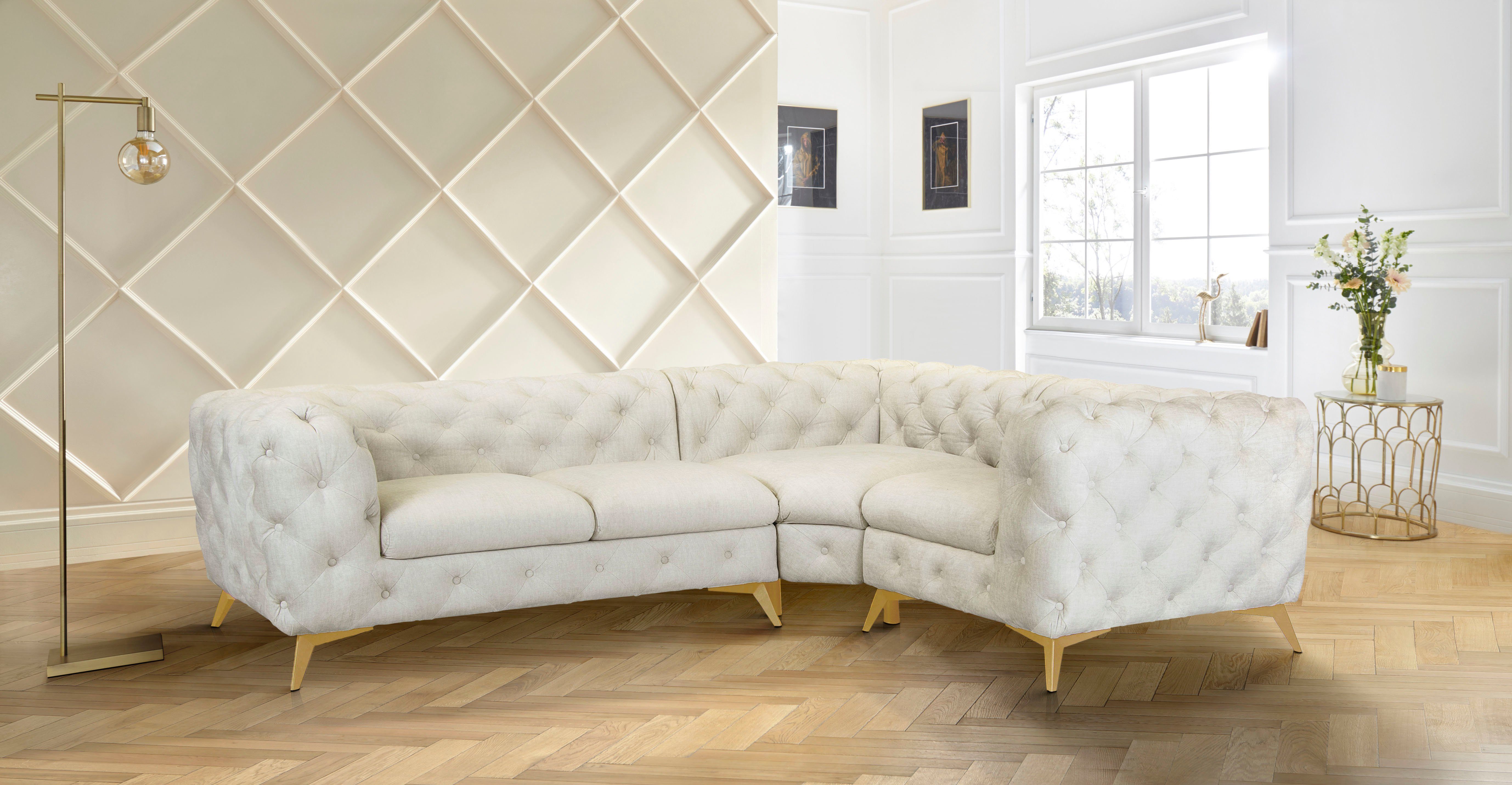 Home affaire Chesterfield-bank Hoekbank GLYNIS L-vorm met golfvering, afmetingen B/D/H 264/204/75cm luxueuze capitonnage, moderne chesterfield look, kleur van de poten ter keuze