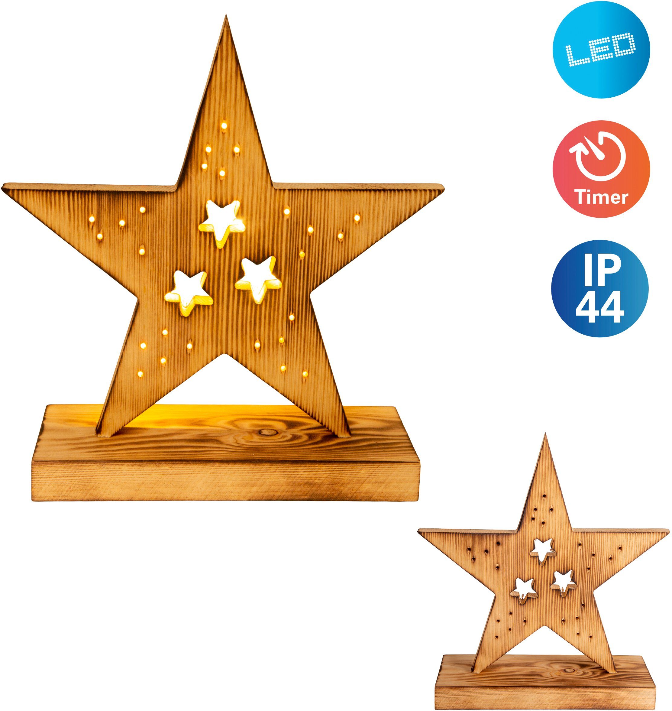 näve Decoratief ledobject Houten ster met ledverlichting h: 29 cm, kerstversiering (1 stuk)