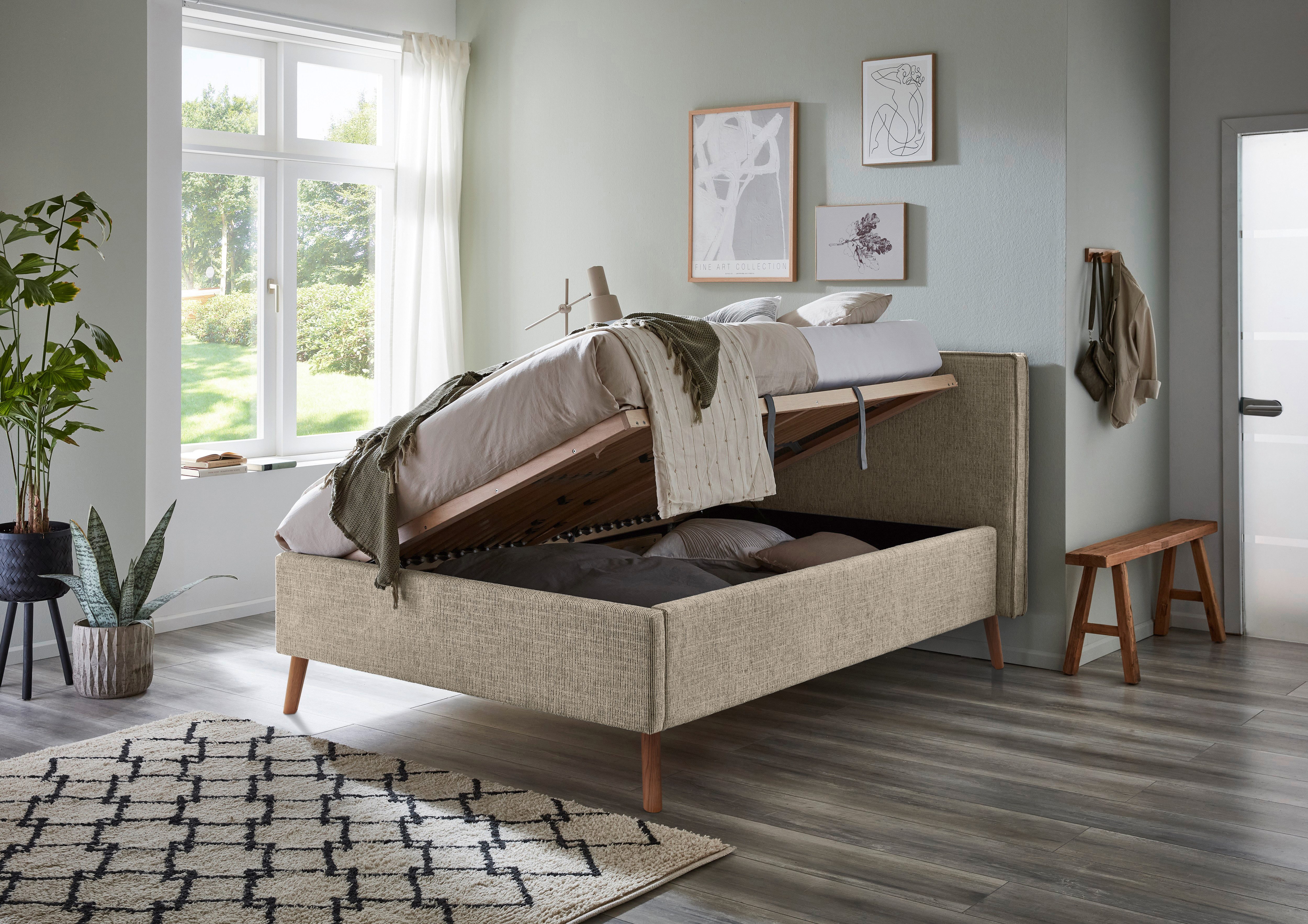 meise.möbel Gestoffeerd bed Riva met eikenkleurige houten poten, naar keuze met bedkist en lattenbodem